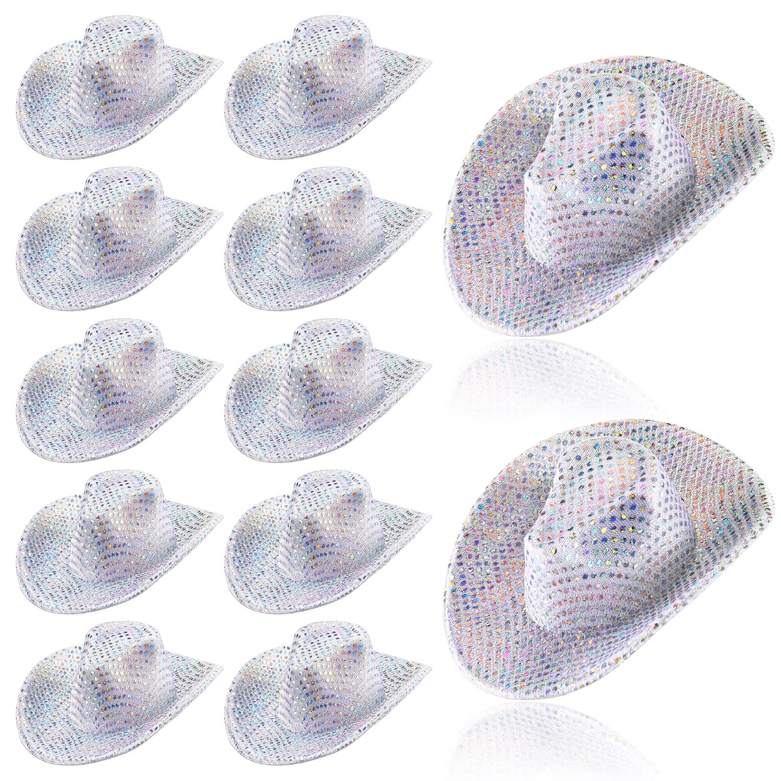 Sotiff Mini Disco Cowboy Hat Tiny Light up Holographic Space Cowgirl Hat Neon Party Decor for Party Doll, 12 Pcs