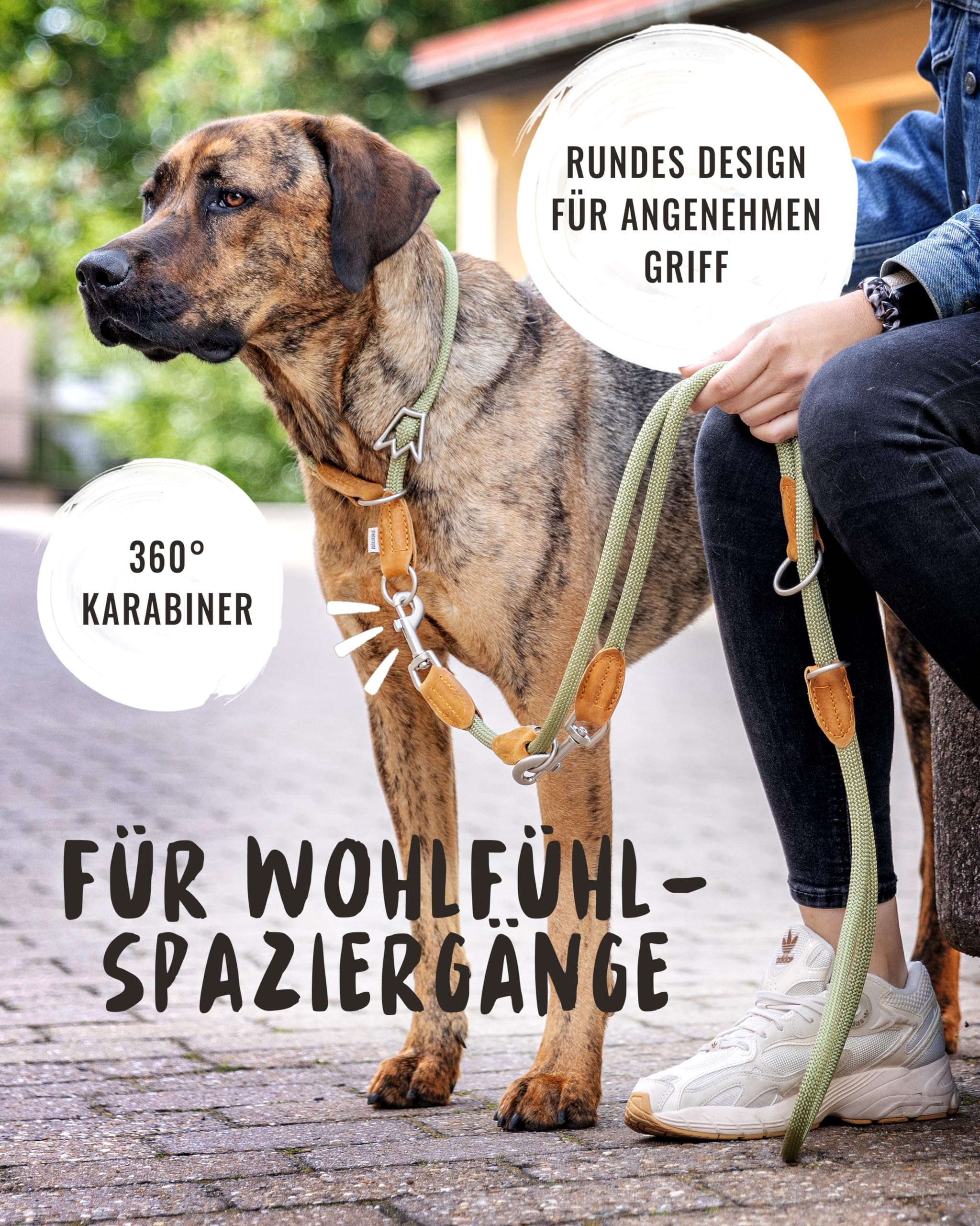 Rudelkönig Führleine Emma 2,30m - Verstellbare Hundeleine für mittelgroße & große Hunde - Elegante Tauleine in Khaki