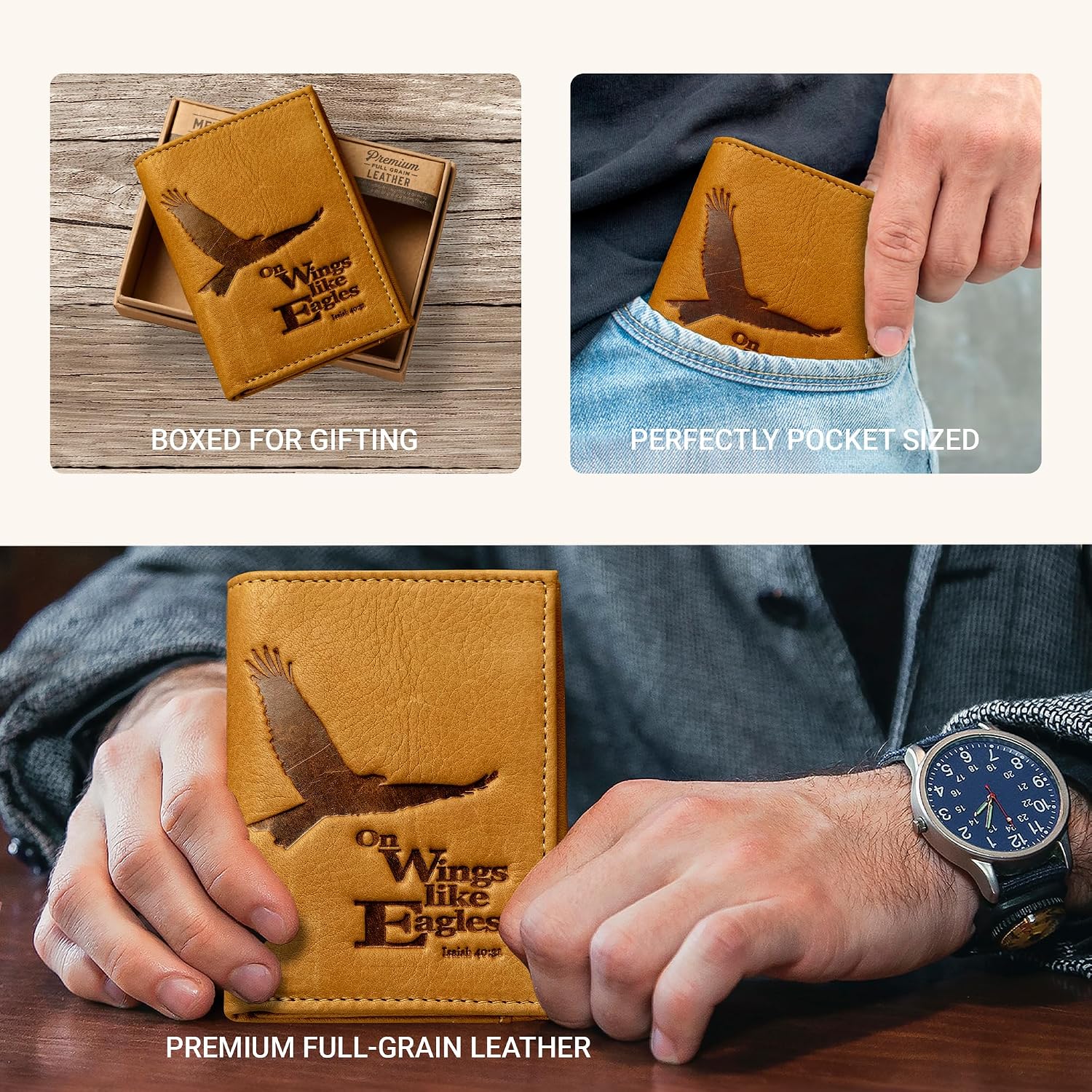 Christian Art Gifts Genuine Full Grain Leather RFID Blocking Scripture Wallets for Men, Bifold & Trifold Designs, Many Slots for Credit Cards, ID, Cash, Photos, Emblems or Debossed, Multiple Colors
