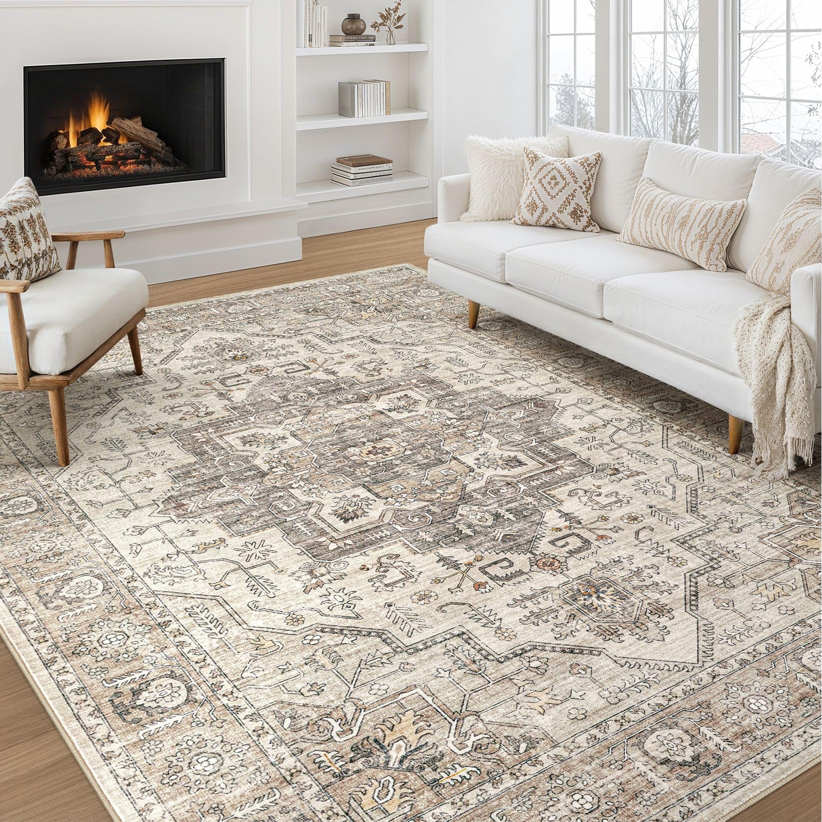 Area Rug 9x12 Washable Vintage - Soft Traditional Rugs for Living Room Large Non Slip Backing with Low Pile Farmhouse Oriental Retro Carpet for Bedroom Dining Room or Home Office - Light Brown