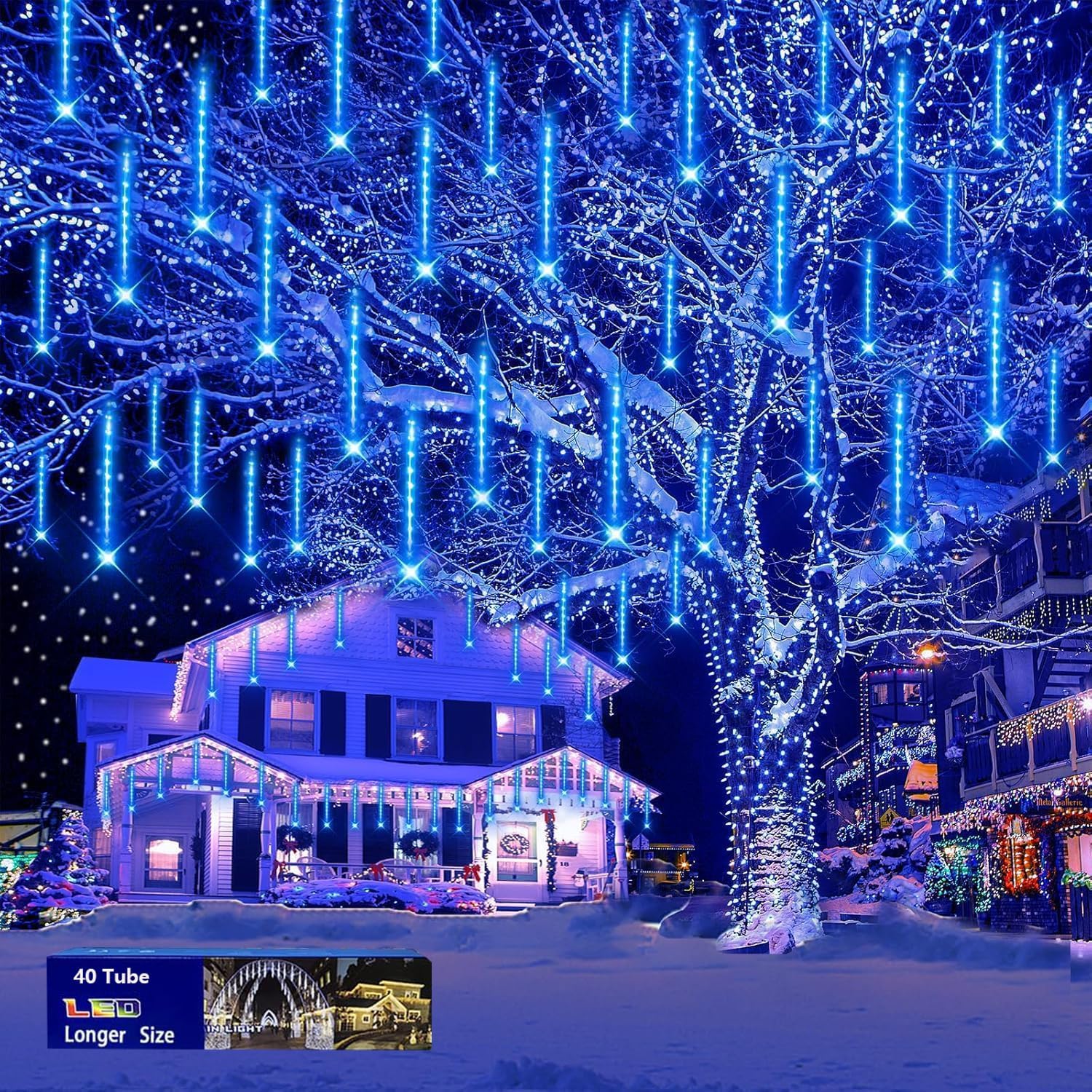 Blue Christmas Icicle Lights Outdoor: 40 Tube(Equivalent to 5 Sets of 8-Tubes) Meteor Shower Rain Lights - Waterproof Christmas Halloween Decorations for Yard Outside Tree Roof, UL Plug