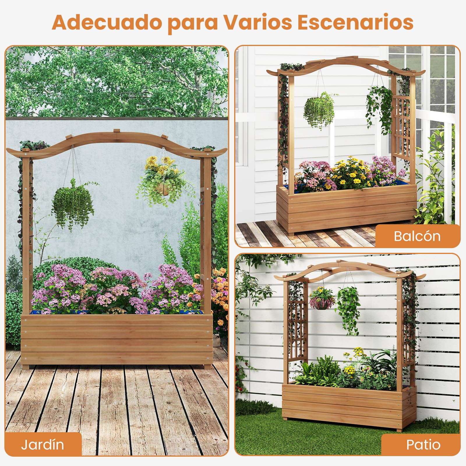 COSTWAY Jardinera Elevada con Enrejado, Jardinera de Madera Maciza con Techo Colgante, 2 Enrejados Laterales, Contenedor Elevado para Plantas de Jardín, para Plantas Trepadoras, 110 x 40 x 124 cm