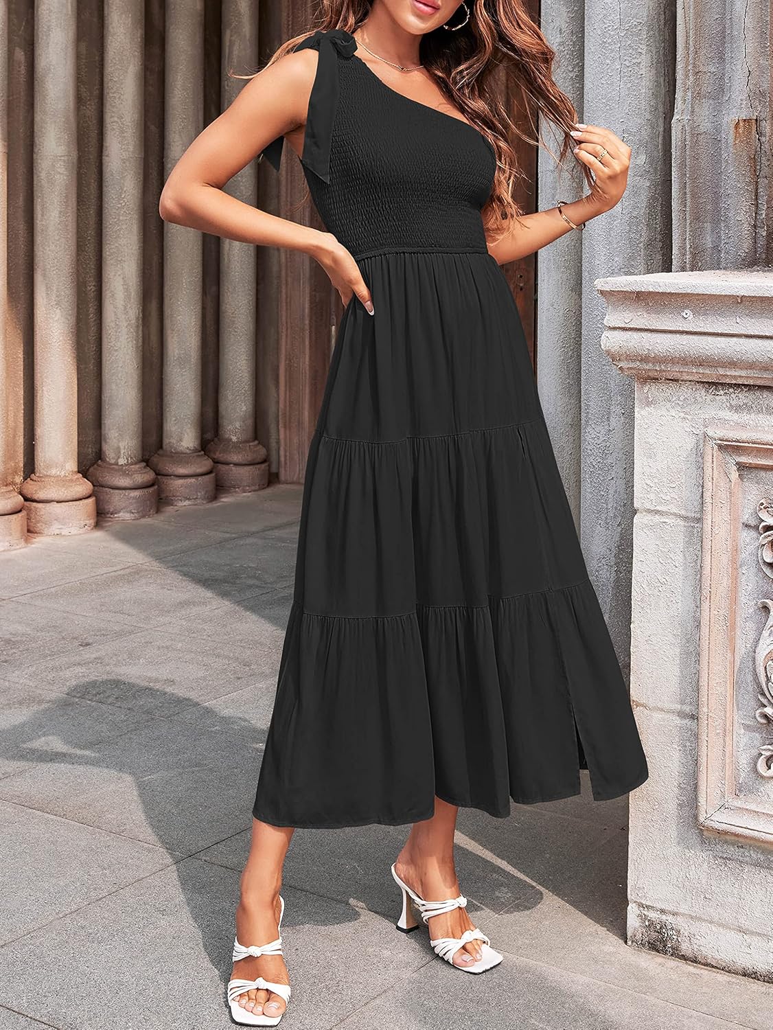 MEROKEETY Women's 2026 Summer Sleeveless Midi Dress One Shoulder Knot Smocked Split Formal Cocktail Wedding Guest Dresses - Image 8