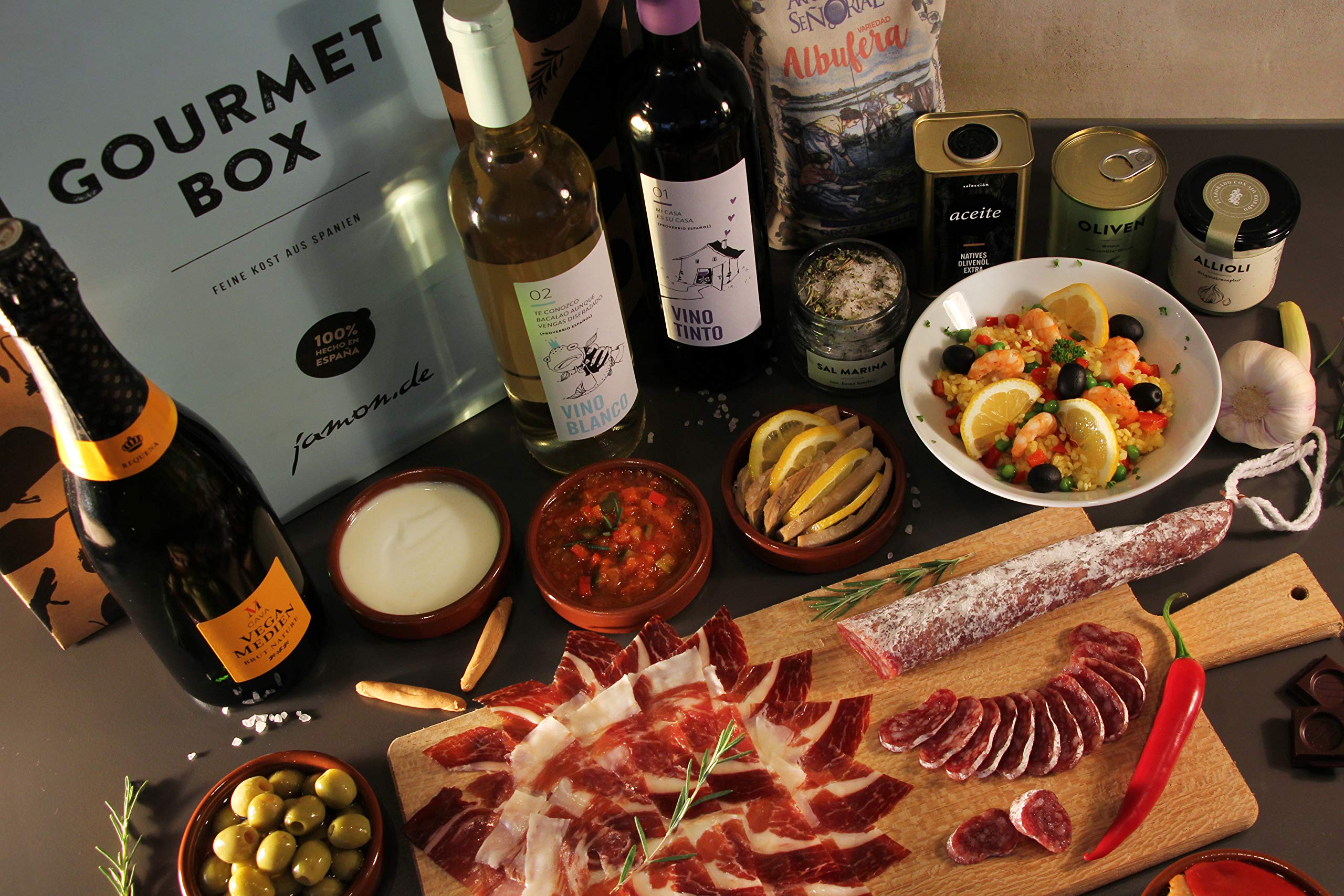 jamon.de Feinkost-Präsentkorb Gourmet mit Wein, Cava & spanischen Delikatessen Geschenkkorb