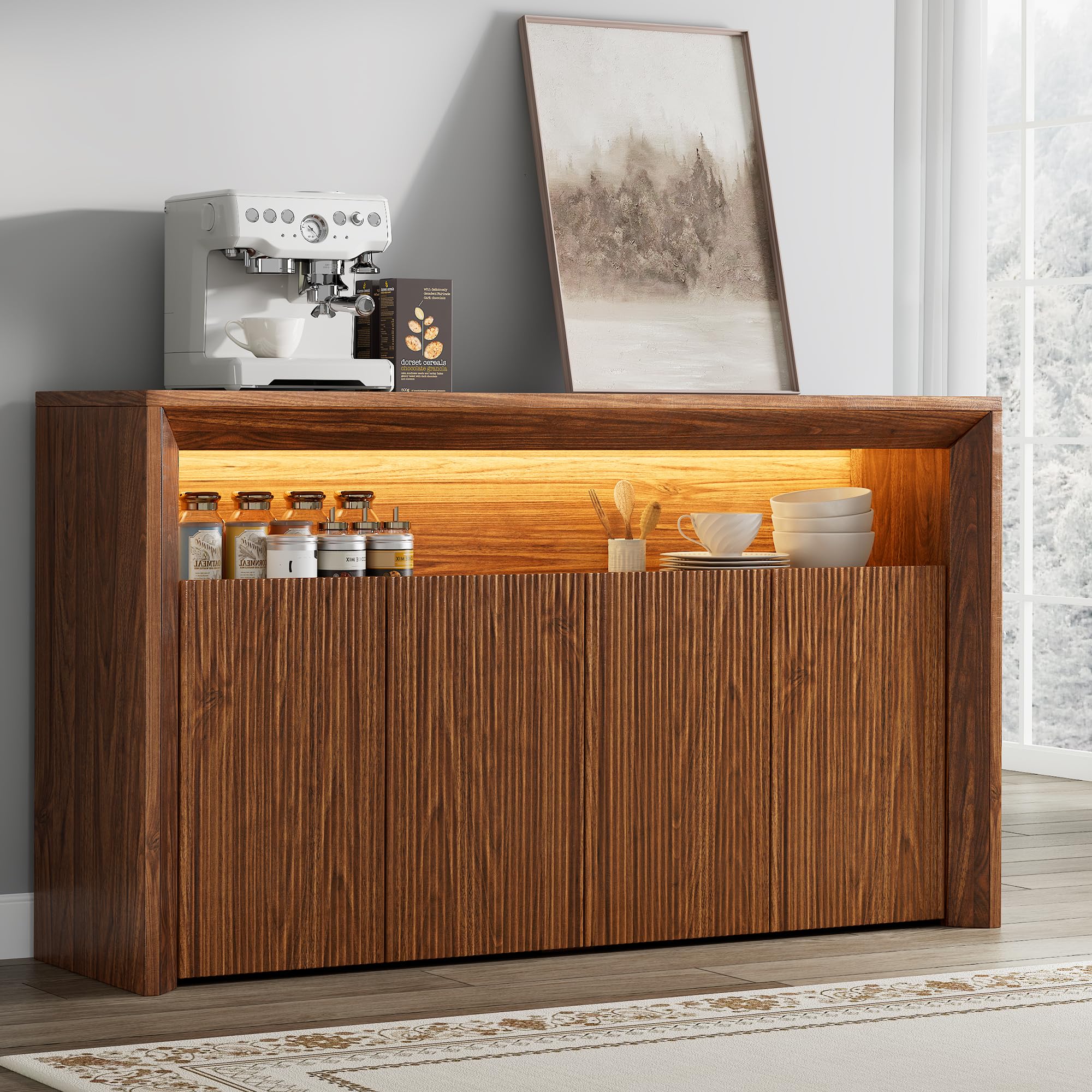 Einhomn 66.2" Buffet Cabinet with Storage and led Lights,Modern Sideboard Cabinet with 4 Doors & Shelves,Fluted Media Console Mid Century Coffee Bar