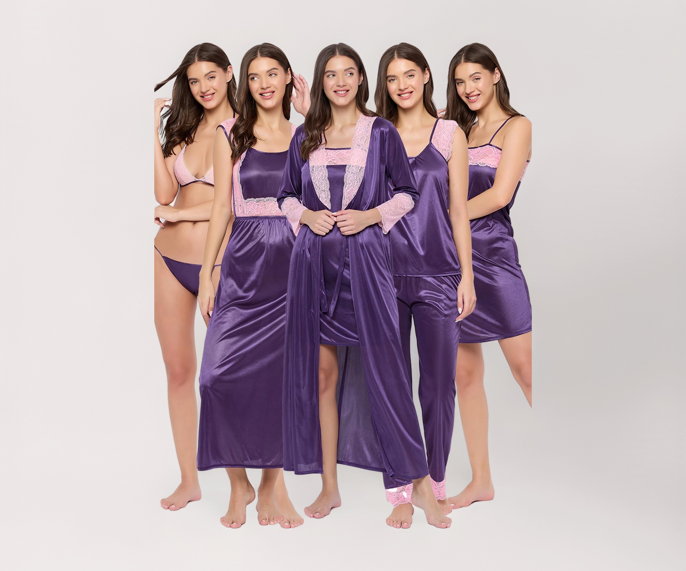 Clovia Women's 7 Pc Satin Long Nightwear Set
