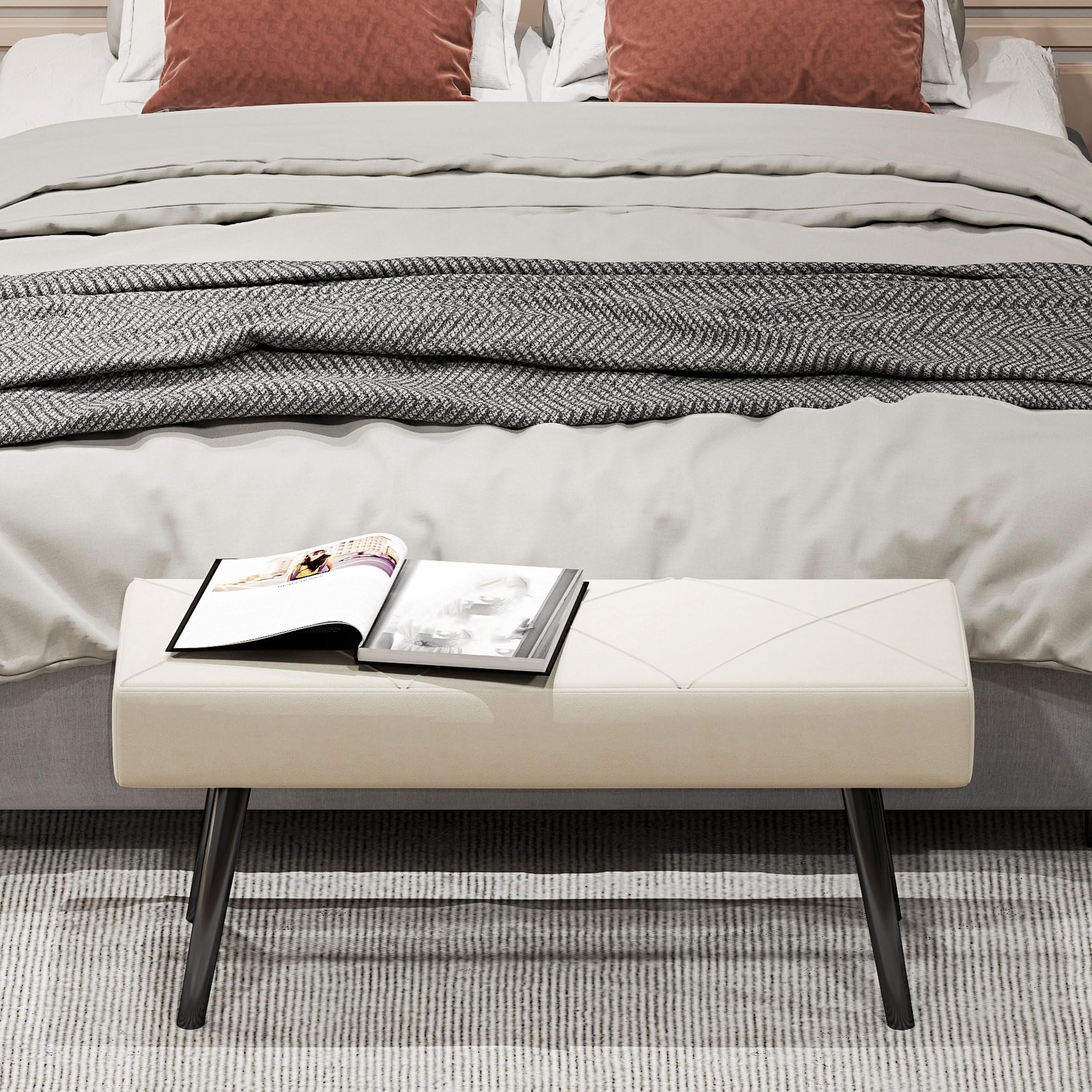 HOMCOM Sgabello multifunzionale, sgabello moderno, panca da letto con sedile imbottito e gambe in acciaio, carico 120 kg, per ingresso, corridoio, soggiorno, 100x36x45 cm, bianco crema