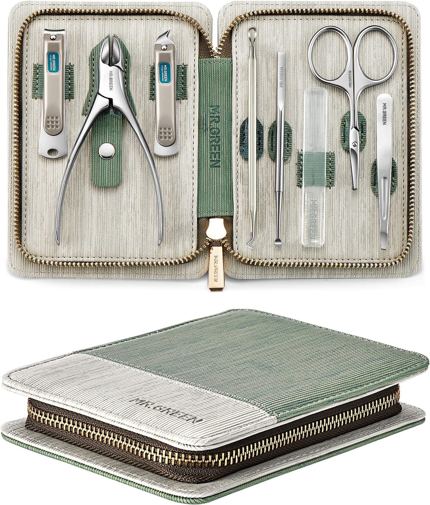 Manicure Set 8 In 1,Professional Pedicure Kit,Stainless Steel Kit,Portable Travel Grooming Kit Nail Care Tools,Nail Clippers Tools With Leather Case (Green)