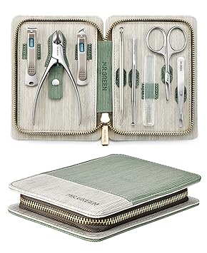 Manicure Set 8 in 1,Professional Pedicure kit,Stainless Steel Manicure Kit,Portable Travel Grooming Kit Nail Care Tools,Nail Clippers Pedicure Tools with Leather Travel Case Green