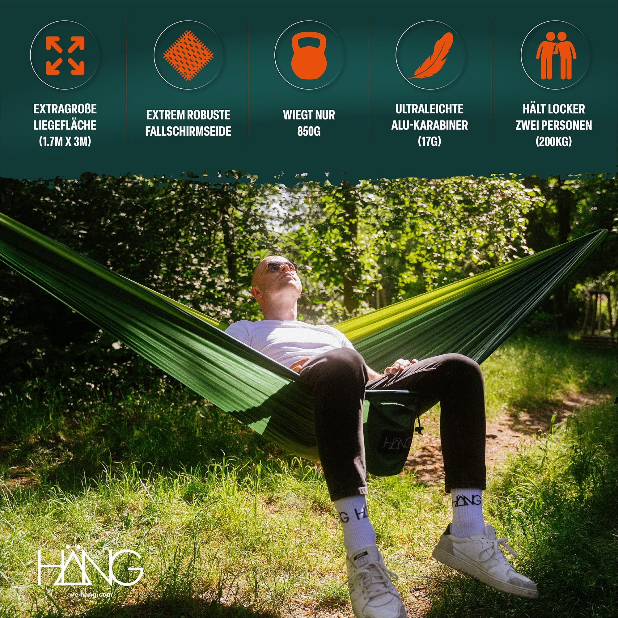 HÄNG Hamaca de camping exterior de nailon de seda de paracaídas para 2 personas, 300 x 170 cm, portátil, ultraligera, transpirable, hasta 200 kg, incluye suspensión para viajes, playa, jardín, bosque