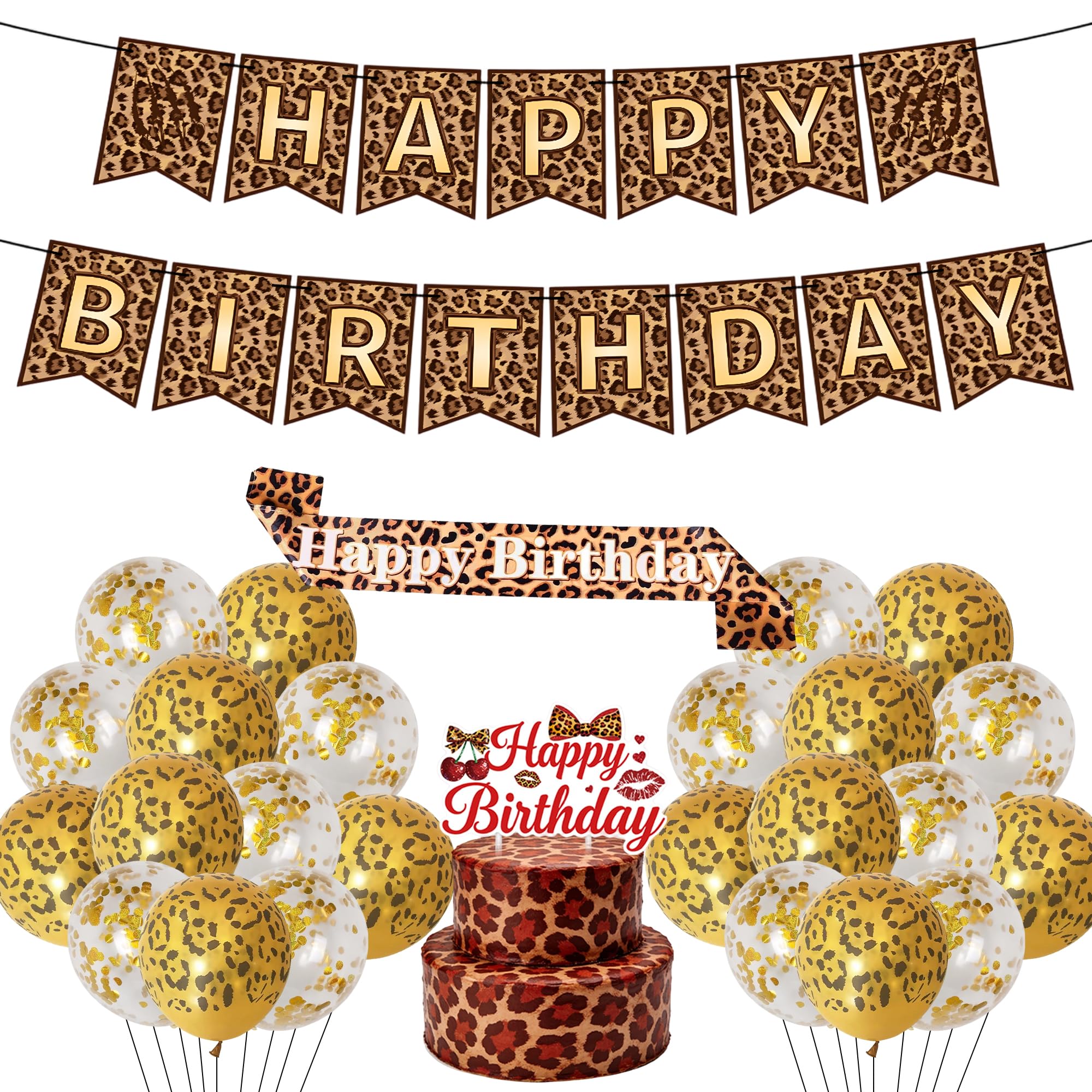 Leopard Print Birthday Decorations Balloons - 27 Pcs Banner Sash Cake Topper Latex Balloons Wild Birthday Party Set for Girls Women Jungle Safari Animal Theme Party Decor Supplies