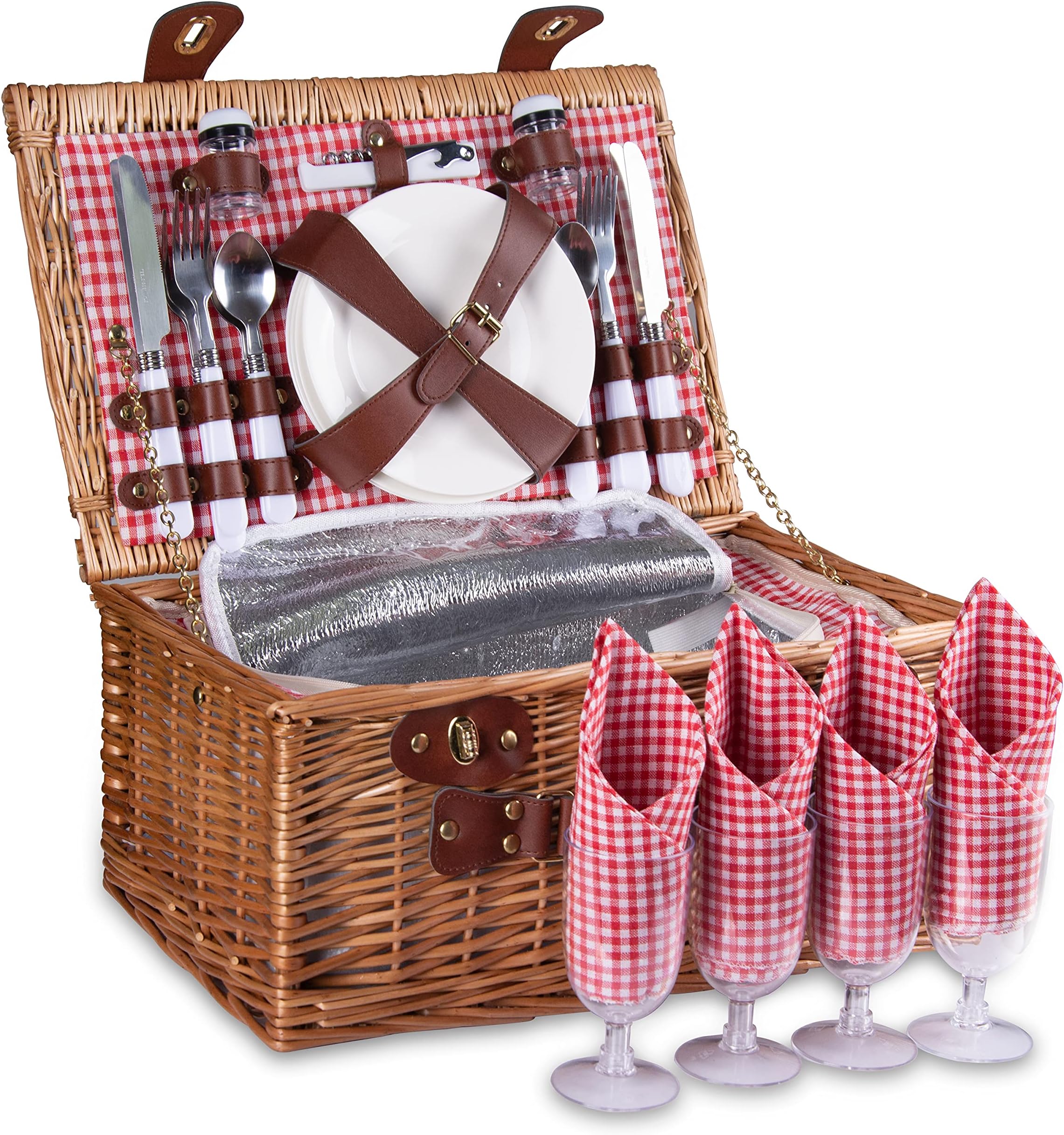 Luxury Insulated 28Pcs Wicker Picnic Basket Set for 4 with Cooler - Reinforced Handle,Red