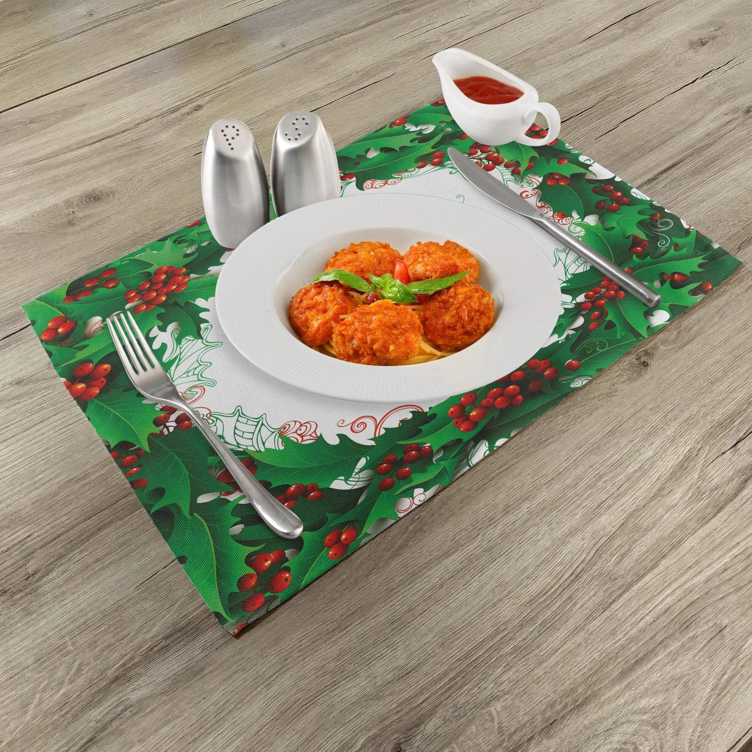 Ambesonne Christmas Place Mats Set of 4, Have a Happy Jolly Xmas Lettering Red Berries Framework Print, Washable Fabric Placemats for Dining Table, Standard Size, Green White