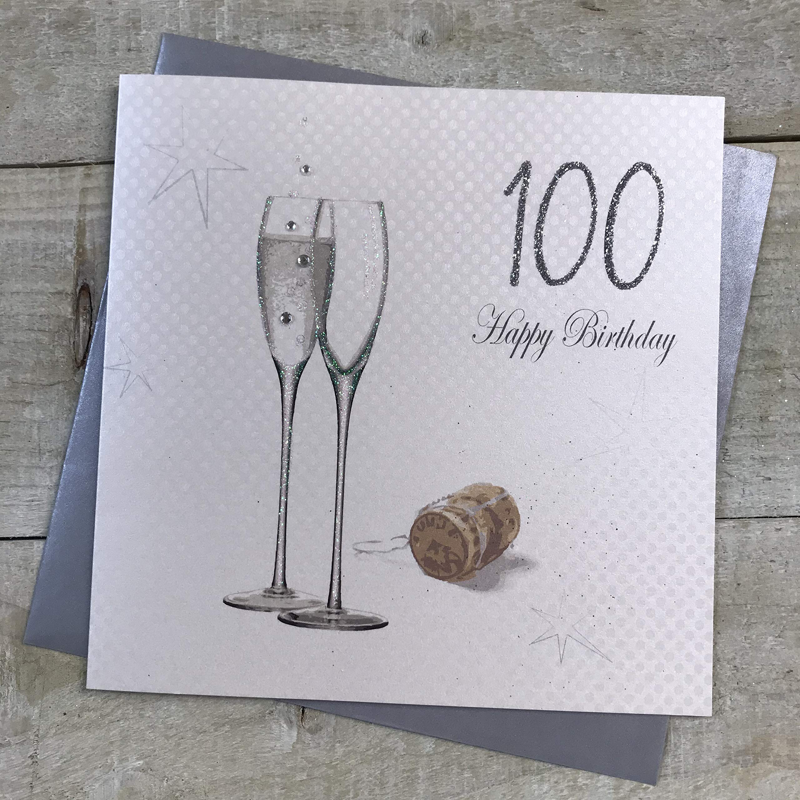 WHITE COTTON CARDS 100 Happy, Handmade 100th Birthday Card, Champagne/Silver