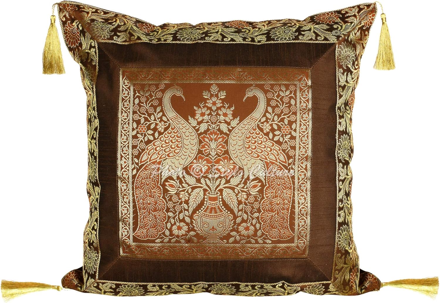 Ethnic Decorative Couch Sofa Toss Throw Pillow Cases 45x45 cm Brocade Hallway Decor Coffee Brown Peacock Jacquard Tassels Square Zippered Bohemian 18x18 Inch Cushion Covers - 2 Pcs
