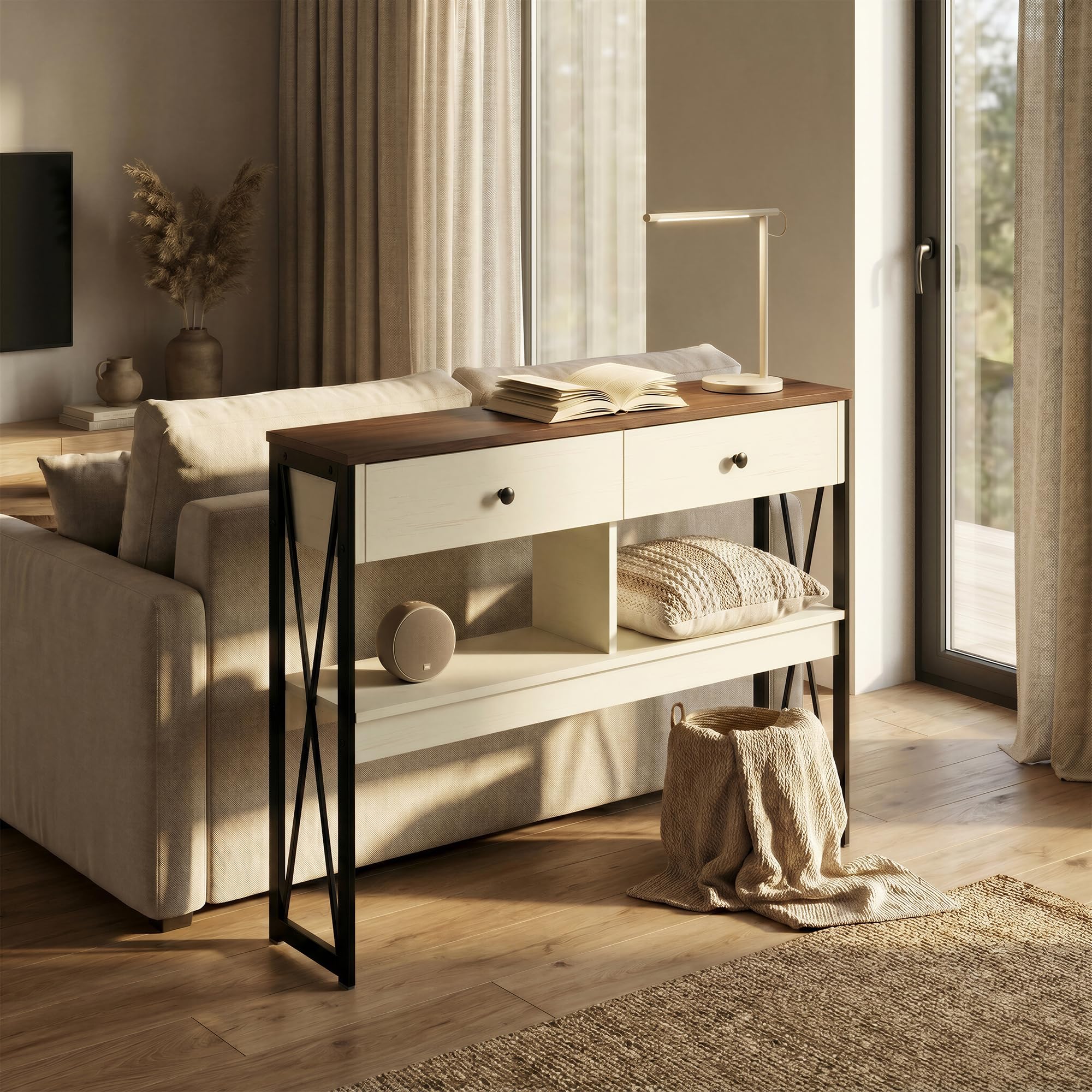 Manora Mesa de Consola Industrial, Mesa de Entrada con 2 Cajones y estantes de Almacenamiento, Mueble de Entrada para Salón, Pasillo y Recibidor, 100 x 24 x 76cm, Blanco y Marrón