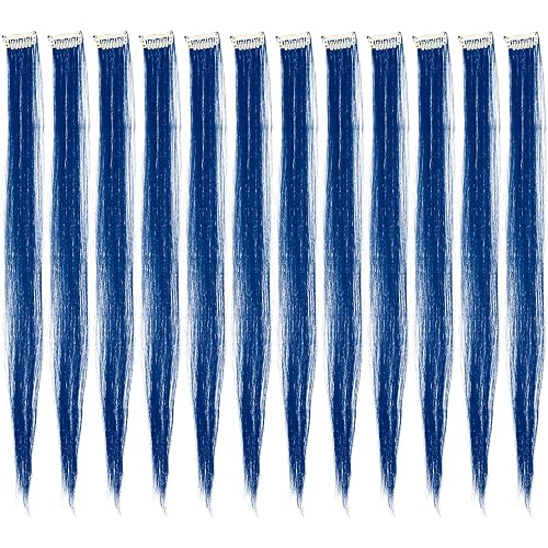 SWACC 12 Pcs Straight One Color Party Highlights Clip on in Hair Extensions For Women Colored Hair Streak Synthetic Hairpieces (Blue)