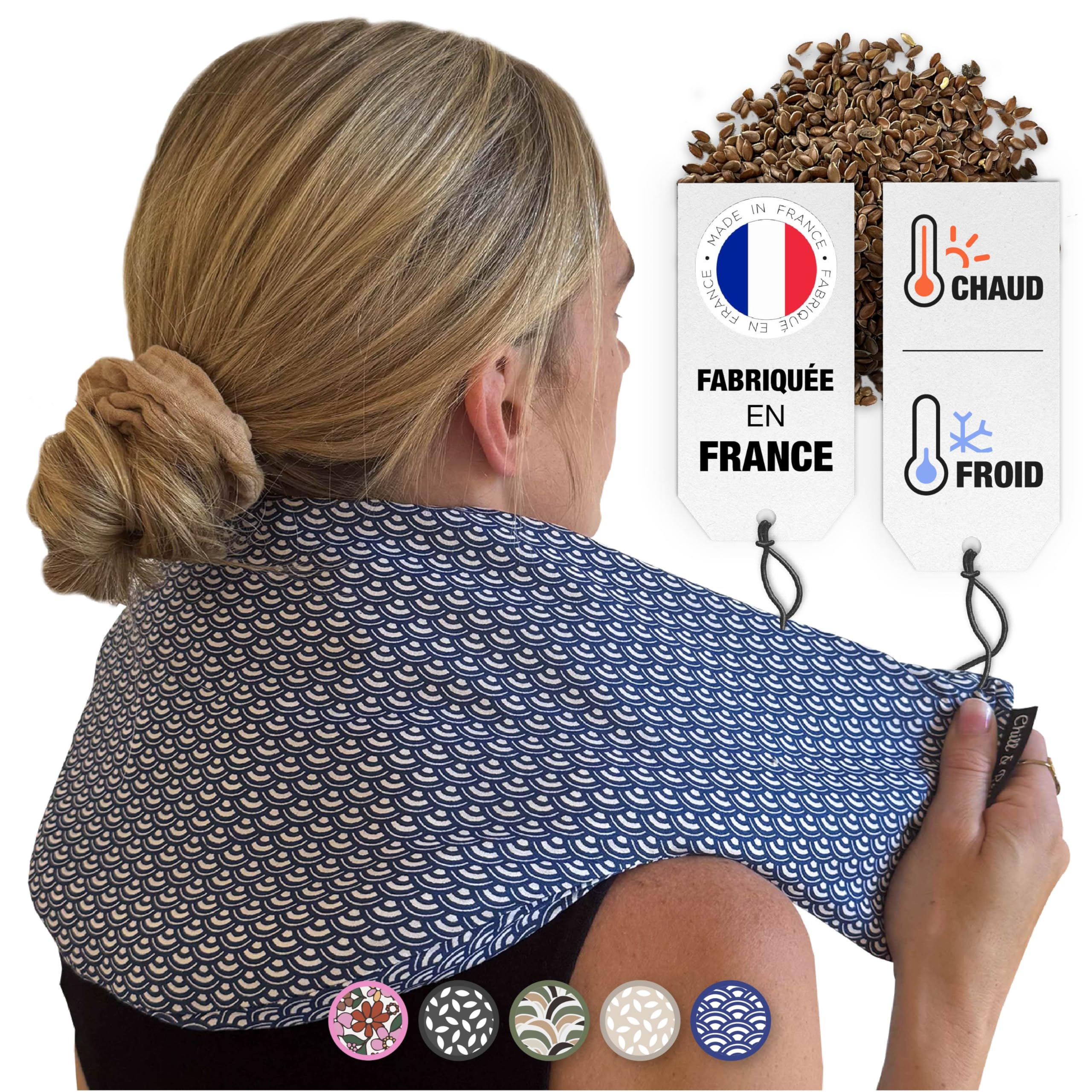 Chill&Rest - Bouillotte cervicales micro onde déhoussable - Fabriquée en France - Coussin chauffant dos - Graines de lin - Masque migraine - Bouillotte ventre - Collier cervical - Bleu - La Segaiha