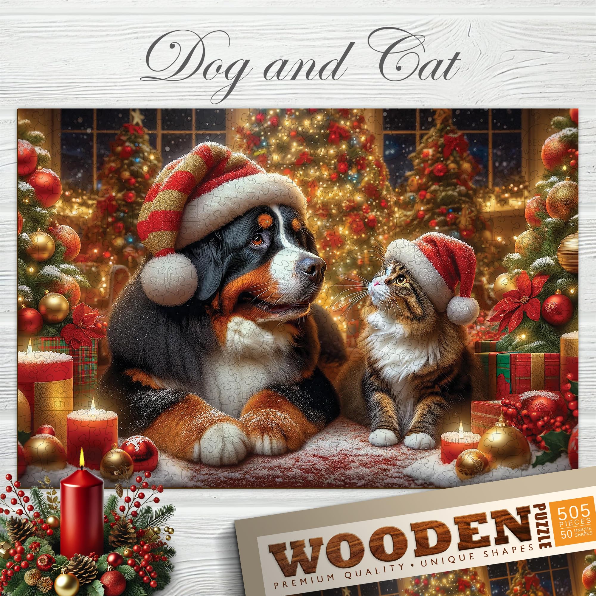 WOODEN.CITY Rompecabezas de Madera de 500 Piezas – Escena Navideña “Perro y Gato Navideños”, 50 Figuras Únicas, Corte Láser de Alta Precisión, Decoración de Temporada