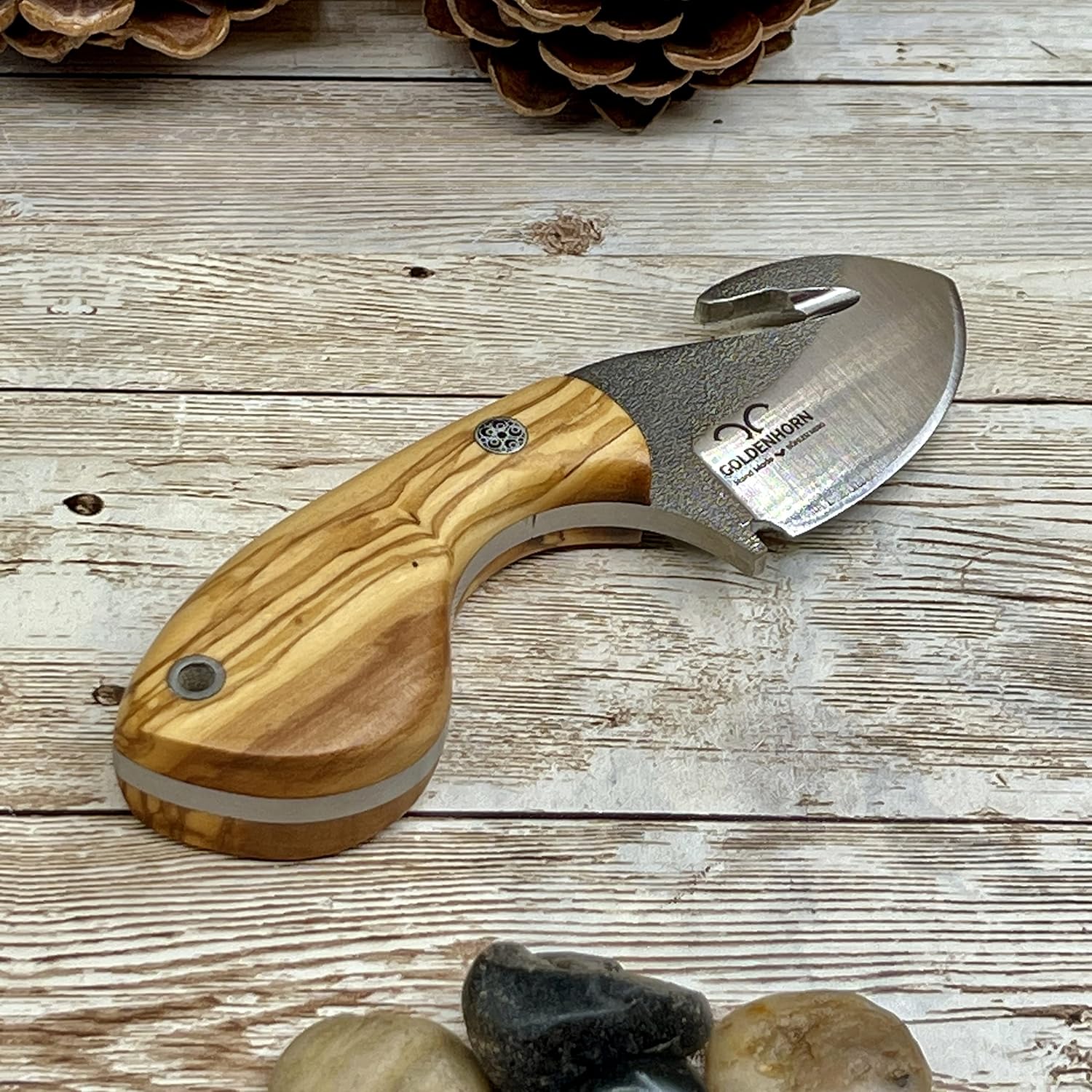 CLARK OLIVE HANDLE, N690 BOHLER STEEL BLADE, LEATHER SHEATH