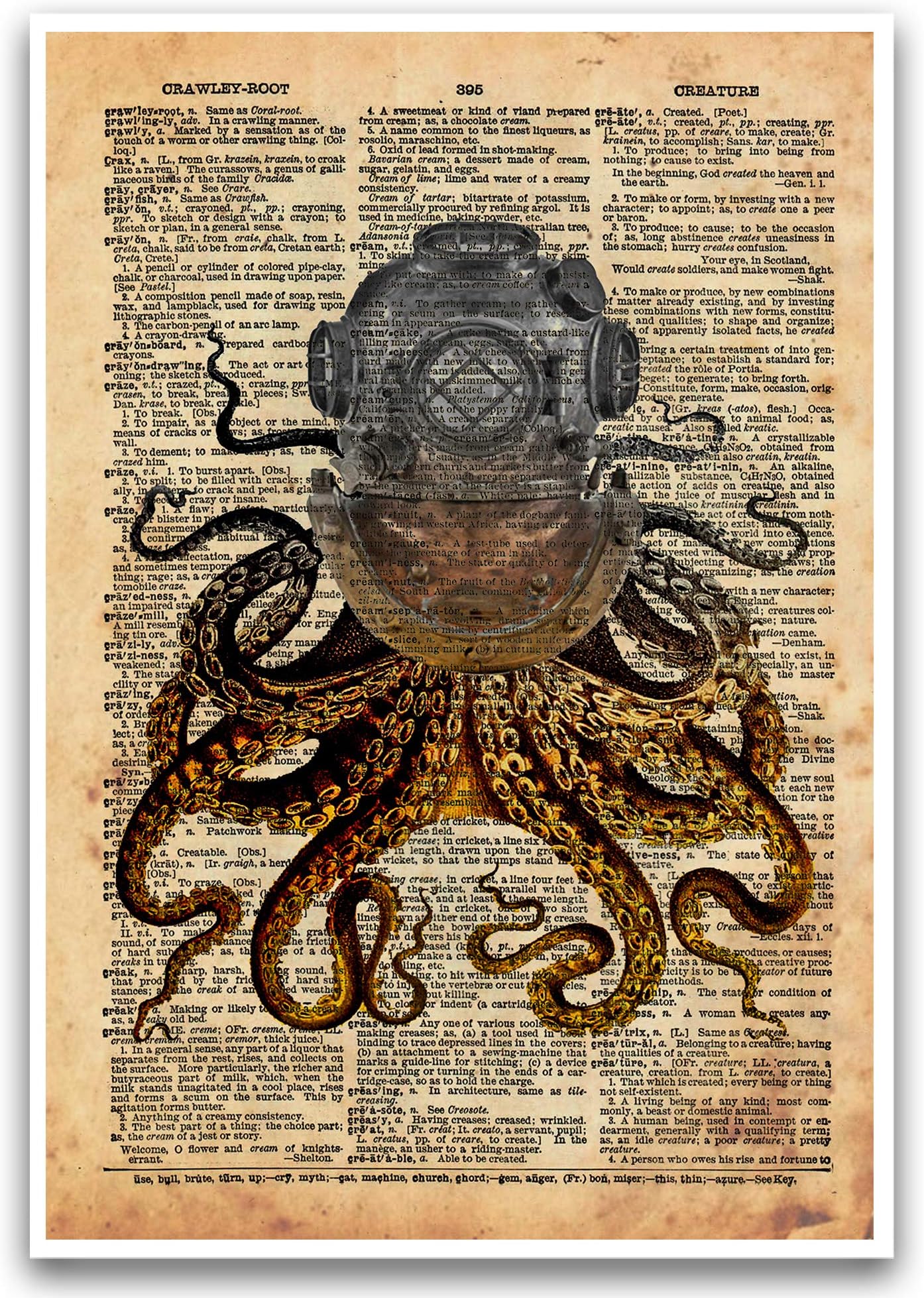 Octopus in a vintage brass diving helmet, cool nautical steampunk art print