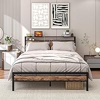 Vista 14 de BOFENG Base de cama individual con cabecera de almacenamiento/estación de carga USB, marco de cama de plataforma de metal resistente, tamaño Marrón