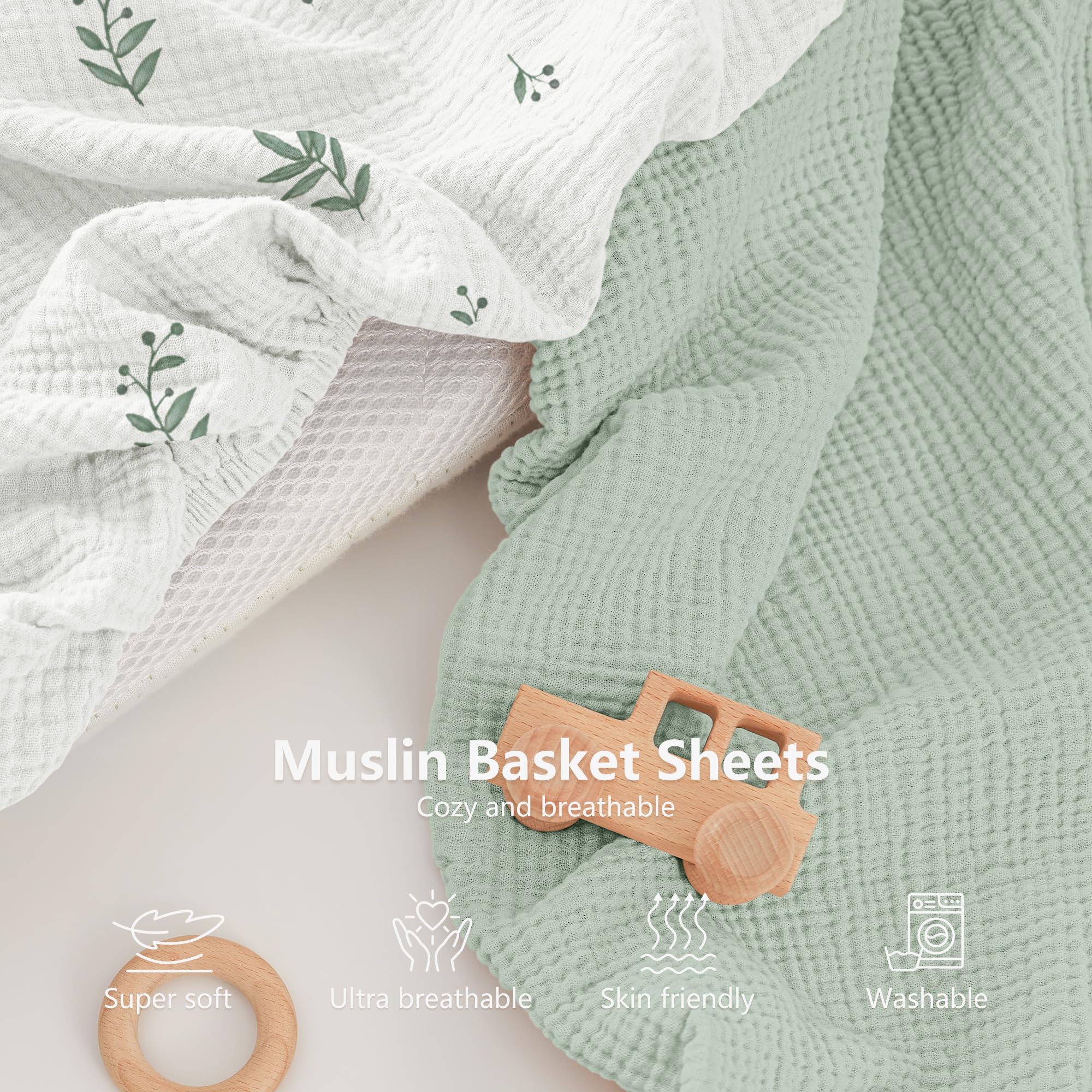 Susurration Moses Basket Sheets, 2 Pack Muslin Cotton Bassinet Sheets Fits Oval and Rectangle Crib Bassinet Mattress - Image 3