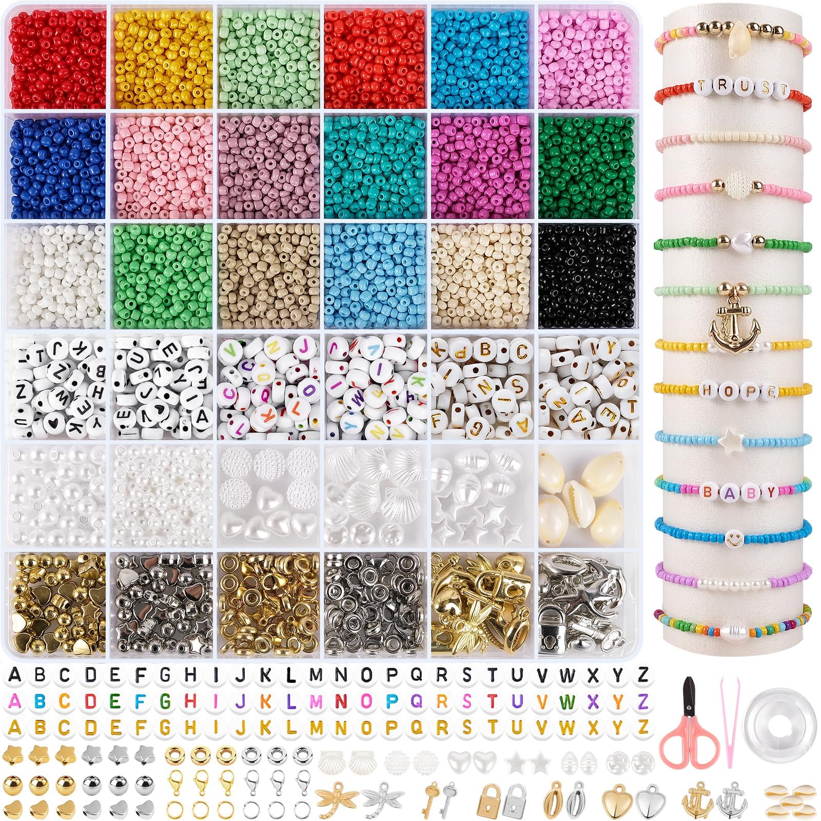 RUBY 3mm Perlen für Armbänder,48 Farbe Bunte Morandi Glasperlen zum Auffädeln, Bastbeln Perlen zum Auffädeln mit 200 Schwarze Buchstabenperlen für DIY Geschenkidee