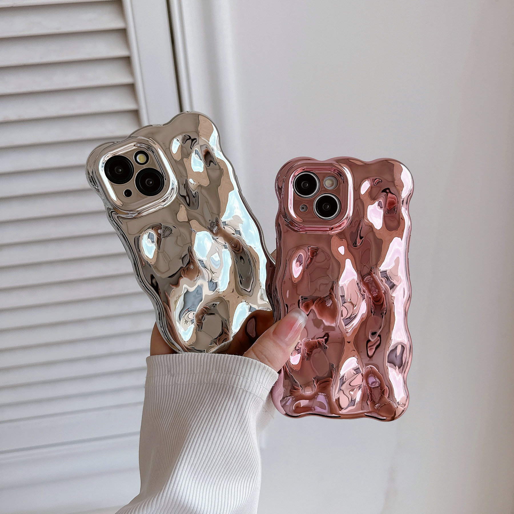 JANDM Cover Per IPhone 13 Pro Max – Effetto 3D Wave Bubble Argento Cromato Con Glitter - 3