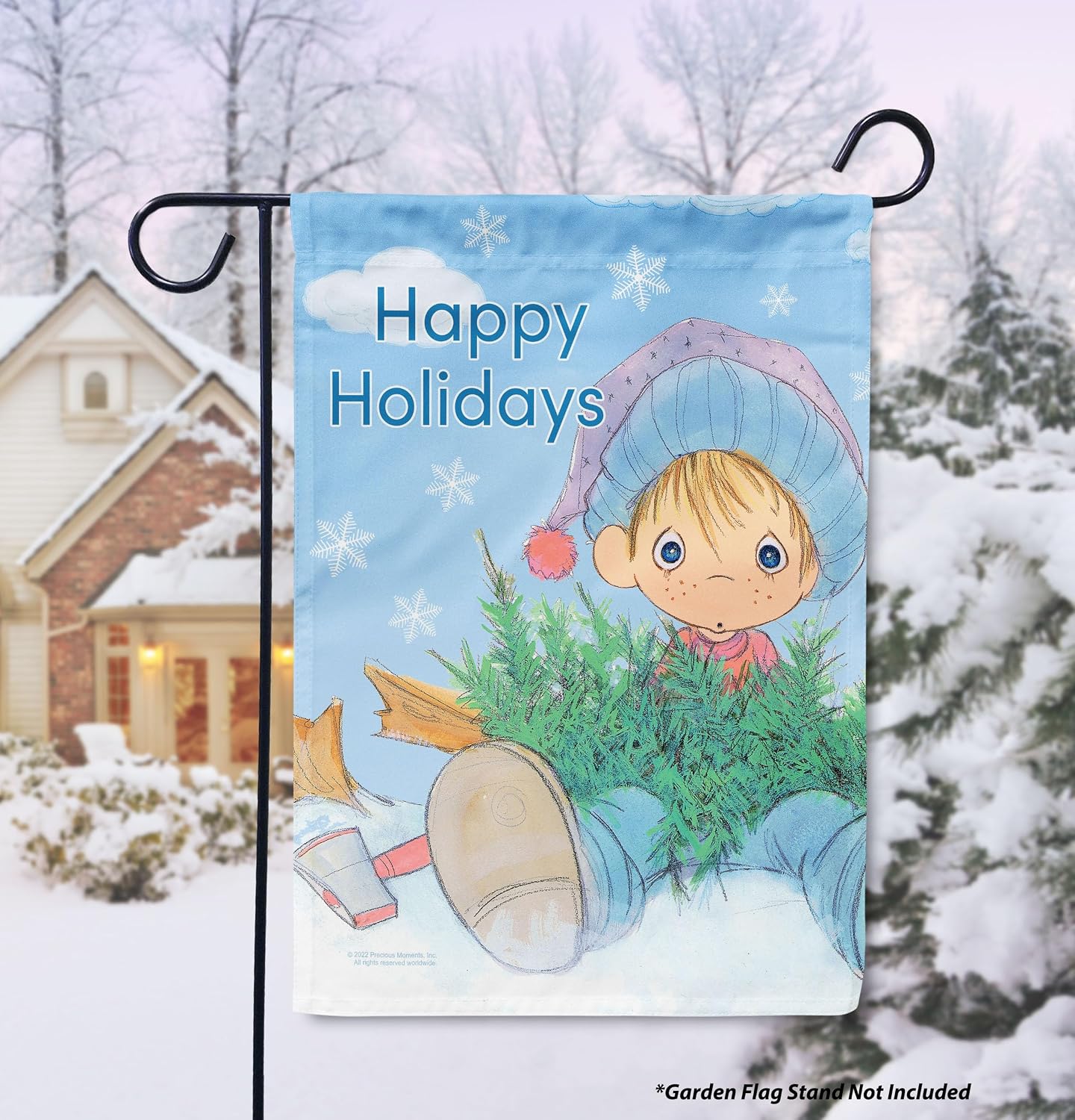 Flagology, Precious Moments Happy Holidays Lumberjack – Garden Flag 12" x 18", Outdoor Flag, Exclusive Premium Fabric, Licensed Precious Moments, Christmas