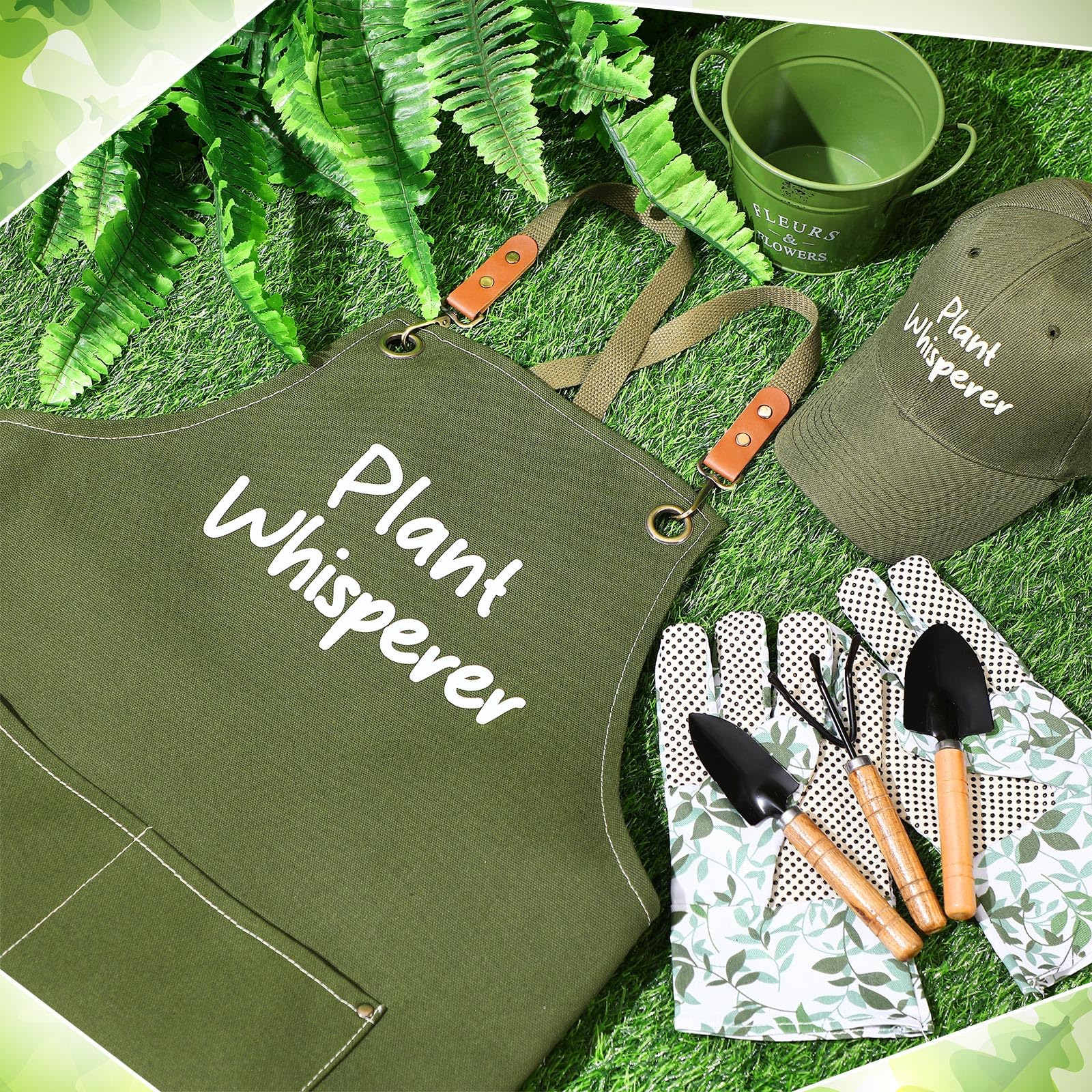 Tarpop Juego de herramientas de jardín verde, regalos de jardinería para mujeres, kit de herramientas de plantación de hortalizas de 7 piezas con tapa, delantal de lona, guantes de hojas verdes,