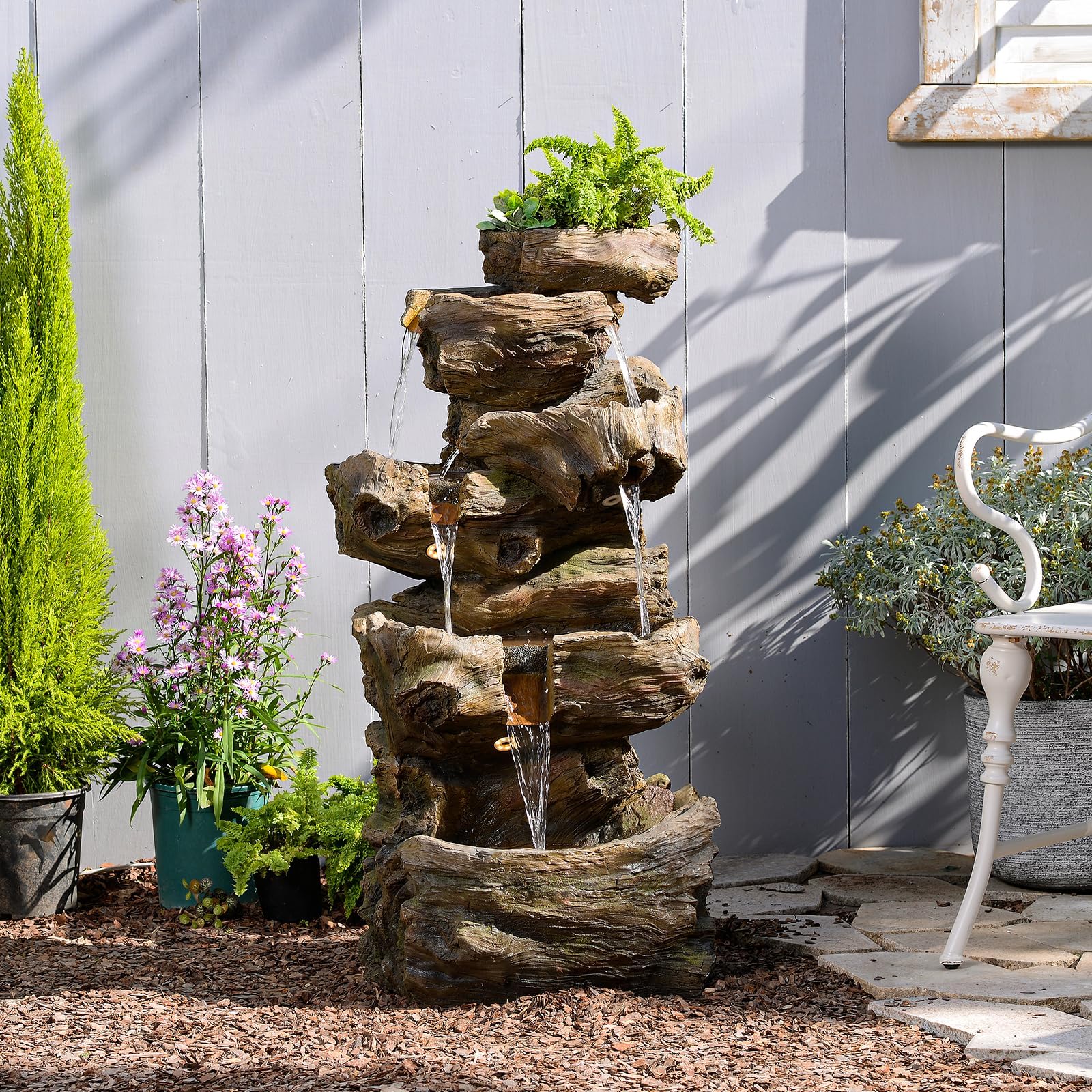 Sunlinua 103 cm H 4-stufiger Gartenbrunnen im Felsen-Look mit LED, Wasserfall und Springbrunnen für Garten, Terrasse, Balkon oder Hof, aus Harz