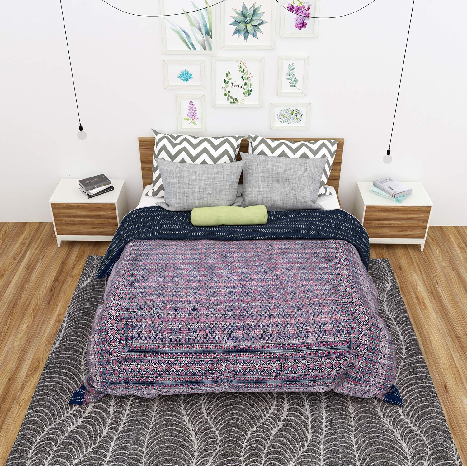 Rustik Craft Vintage Pure Cotton Traditional Ajrakh Print with Natural Colours Kantha Stitched by Hand Quilt, Blanket, Bedspread, Bed Sheet,Throw, Coverlet (Size: 90 X 108 inch)-image-6