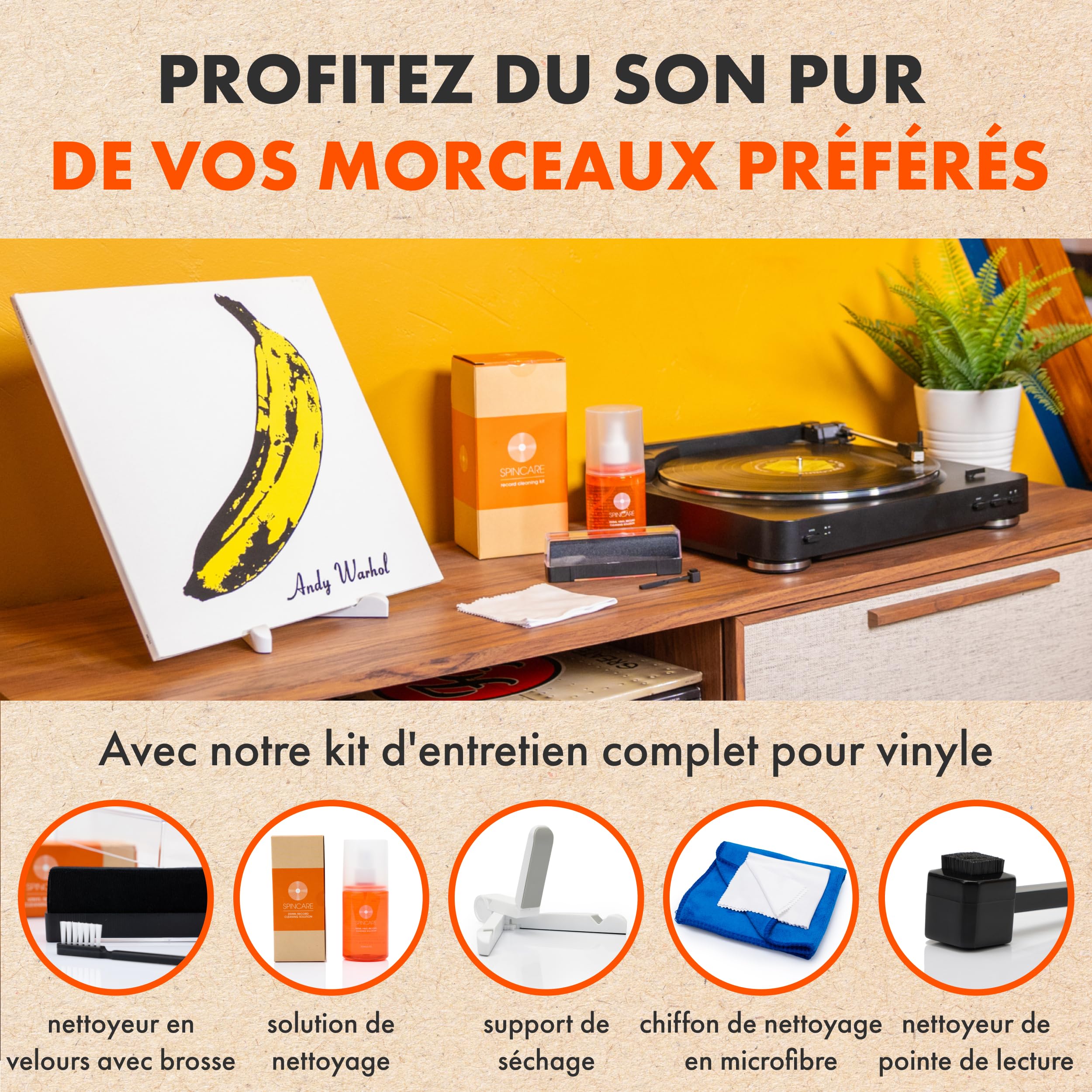Kit Nettoyage Vinyle par SPINCARE | 5-en-1 Nettoyante pour LP Disques Vinyle, Antistatique Tampon Nettoyant en Velours, Support De Séchage/Présentoir Et Brosse pour Pointe De Lecture