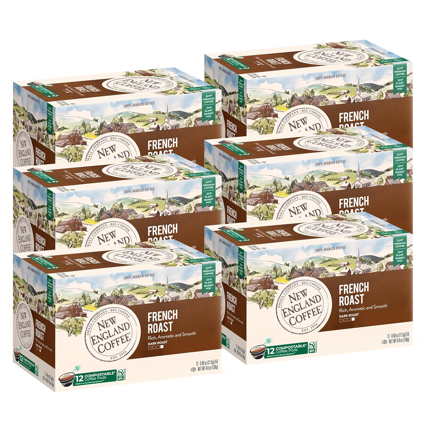 New England Coffee French Roast Dark Roast Single Serve Pods, 12ct Box (Pack of 6)