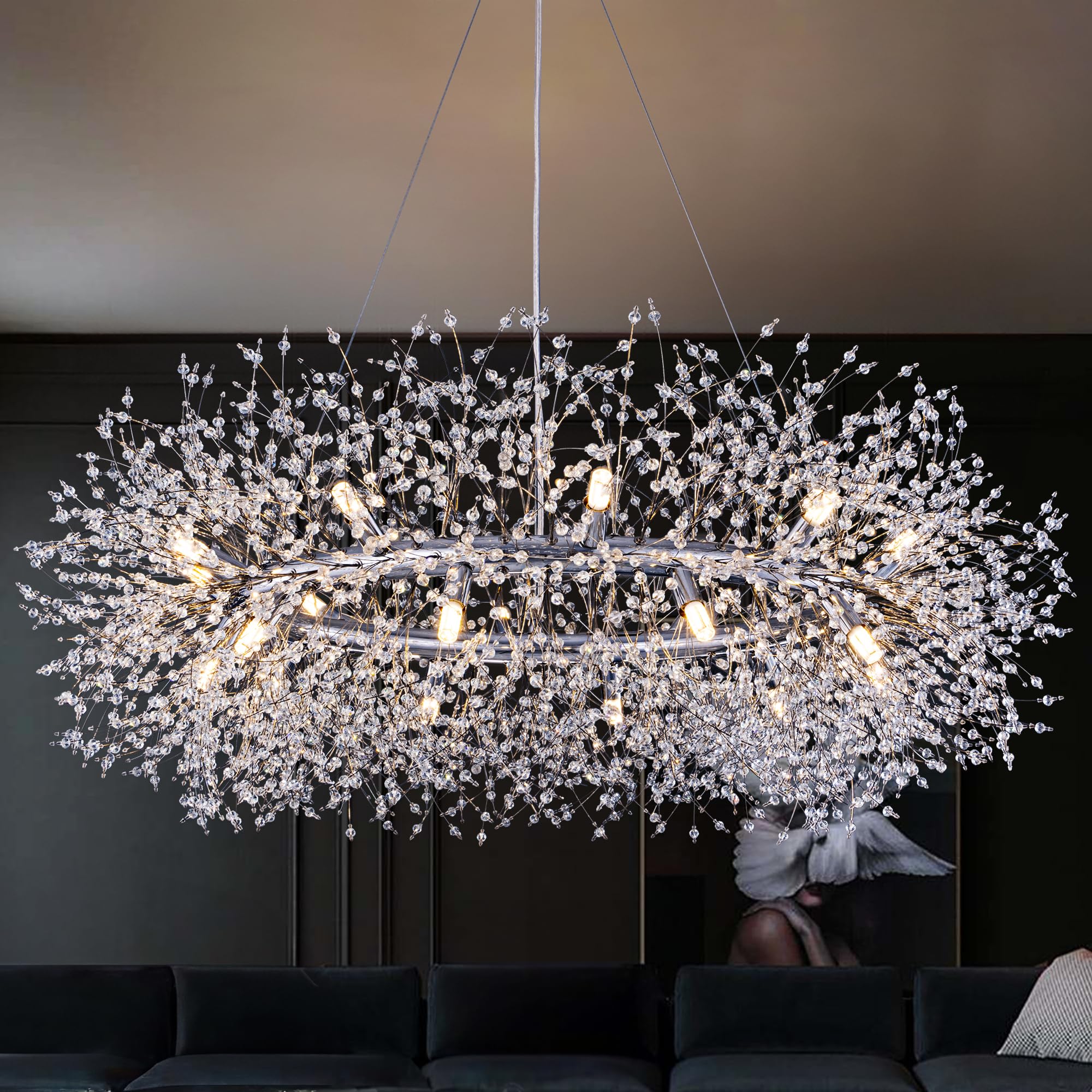 Wellmet Firework Chandelier 38 inch, Modern Crystal Chandelier Chrome Wagon Wheel Light Fixture, Mid Century Round Ceiling Lighting for Dining Room,