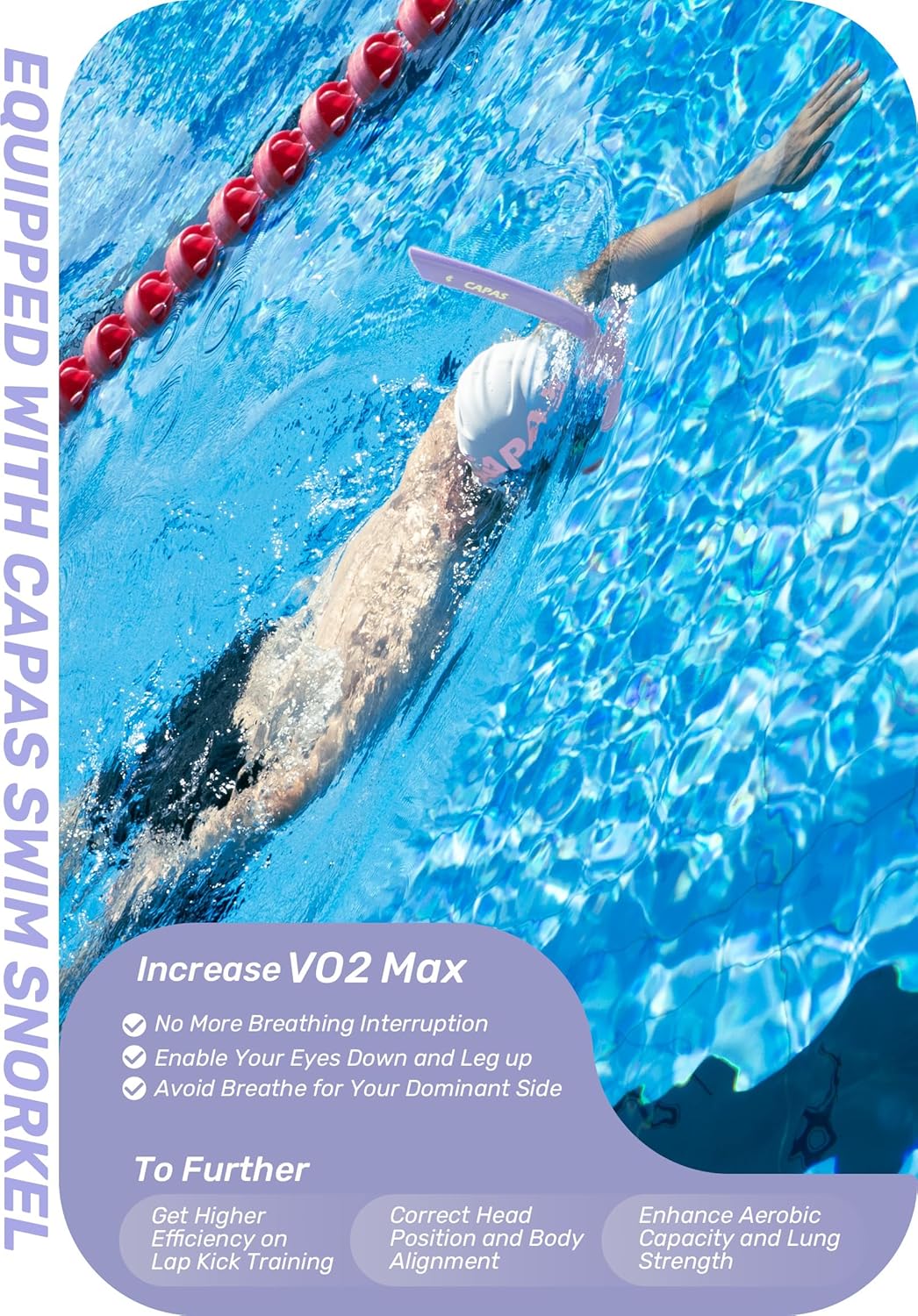 CAPAS Training Swim Snorkel for Lap Swimming, Swivel Headband Ultimate Fit Center-Mount Swimmers Snorkel with Liquid Silicone Mouthpiece Adjustable Strap, Designed for Adult Men Women