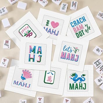 Chumia 8 Pack Embroidered Linen Mahjong Cocktail Napkins Fabric, 8 Style