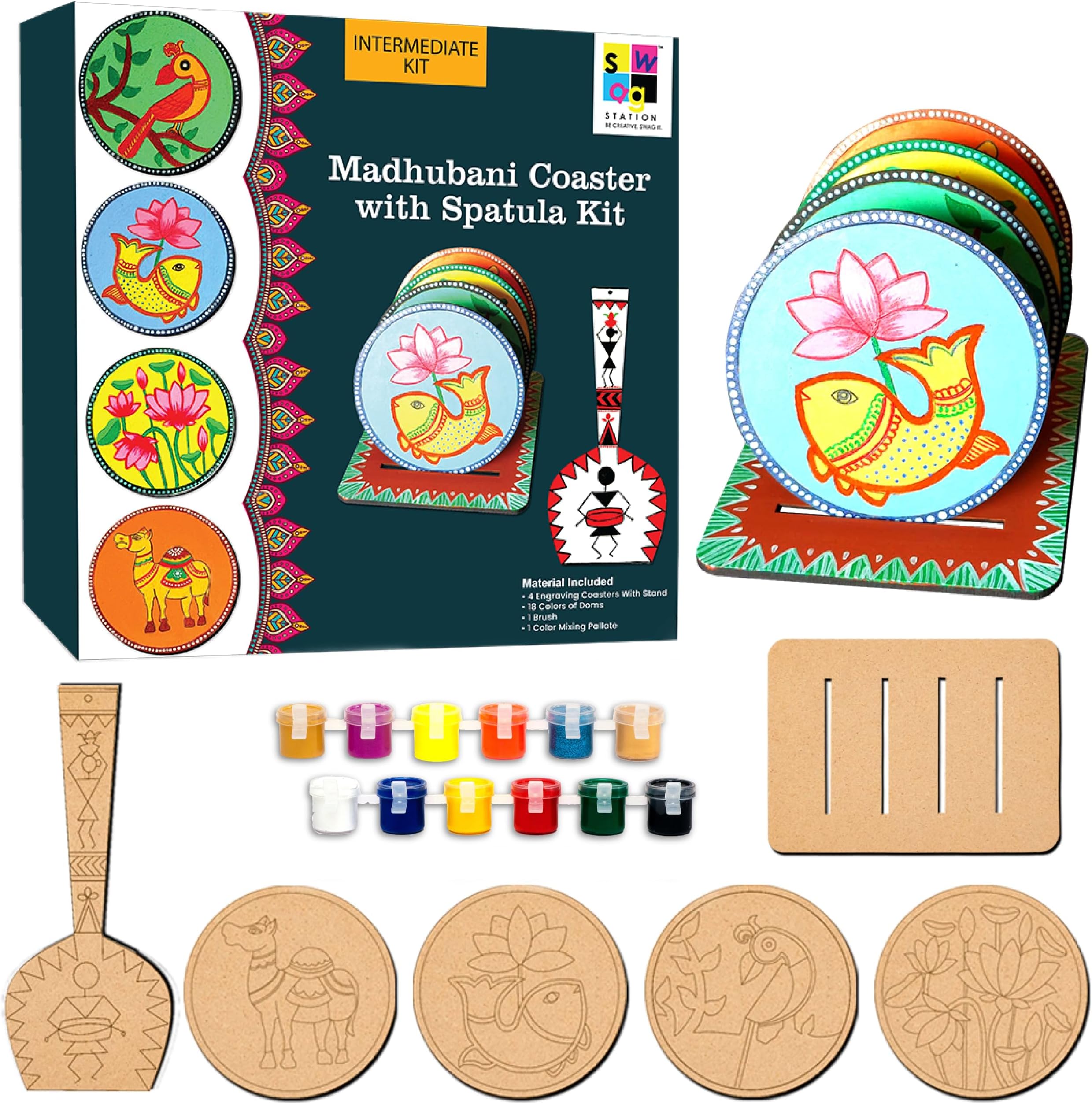- Madhubani Art Kit,Pre Marked Tea Coaster with Spatula for Painting,Birthday Gifts for Girls 9-12, Art kit for Adults,Coaster with Spatula Kit - 07