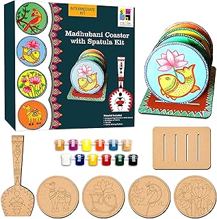 SWAGSTATION Madhubani Art Kit,Pre Marked Tea Coaster with Spatula for Painting,Birthday Gifts for Girls 9-12, Art kit for Adults,Coaster with Spatula Kit - 07