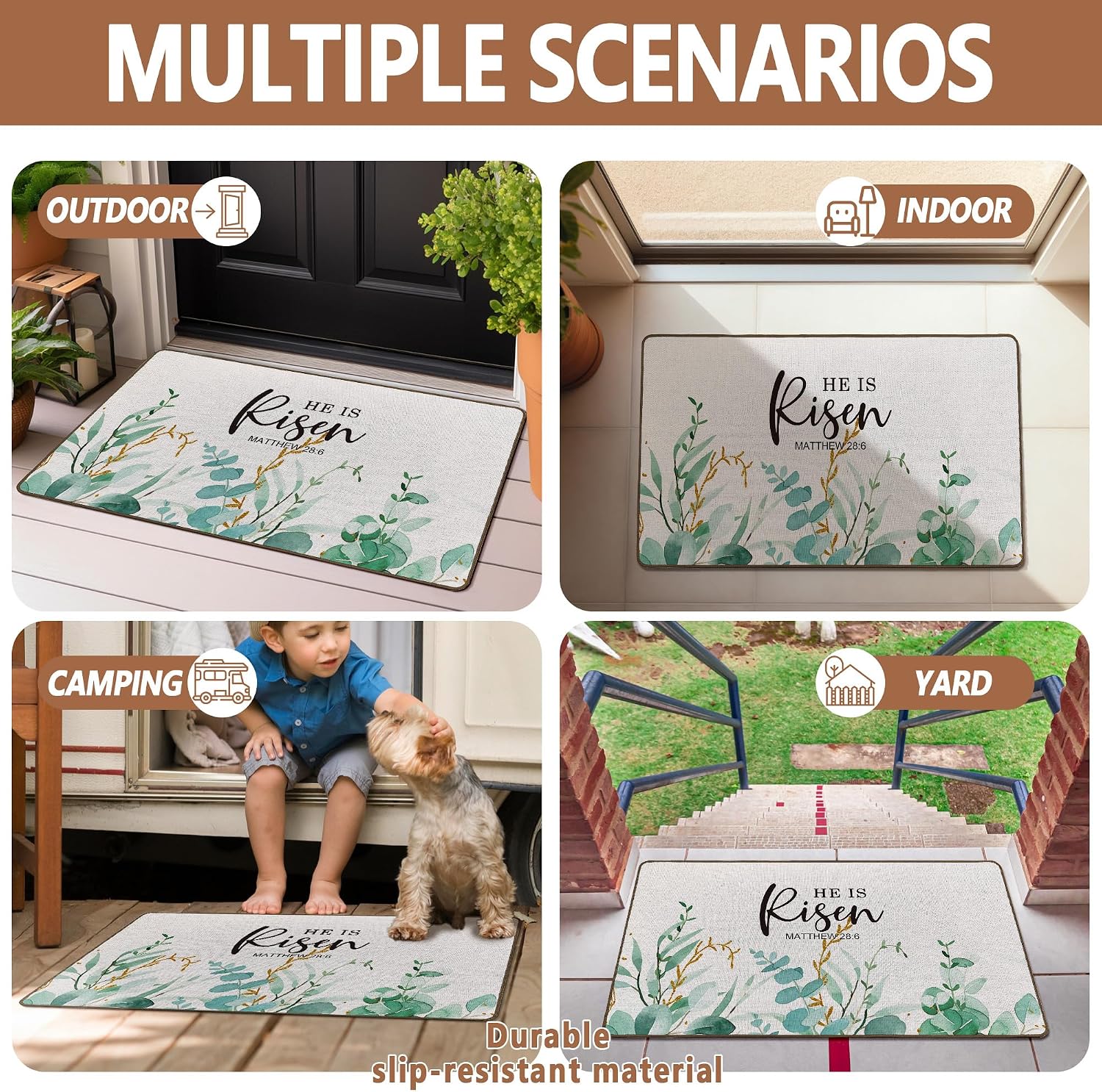 Easter Christian Door Mat, He is Risen Bible Verse Front Door Mat Outside Entrance, Religious Easter Decor, Religious Botanical Decorative Doormats Indoor Outdoor Entrance, 17x30in