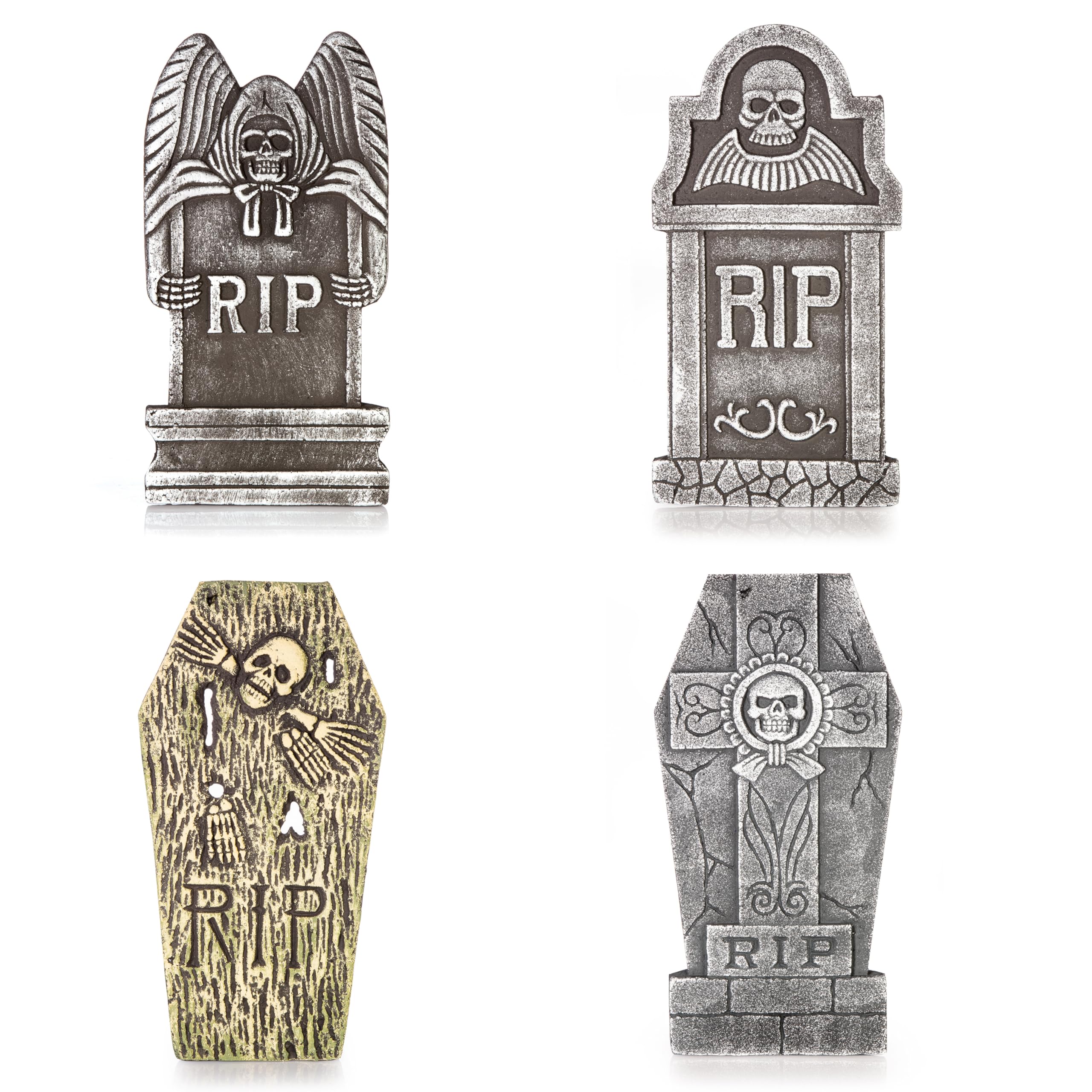 Premier Silver/Gold Halloween Foam Tombstone Decorations – Set Of 4 Realistic Rip Graveyard Props – Lightweight Outdoor & Indoor Halloween Party Decorations