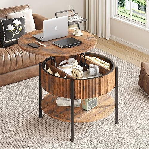 26.77” Small Coffee Table, Round Fluted Lift Top Coffee Table