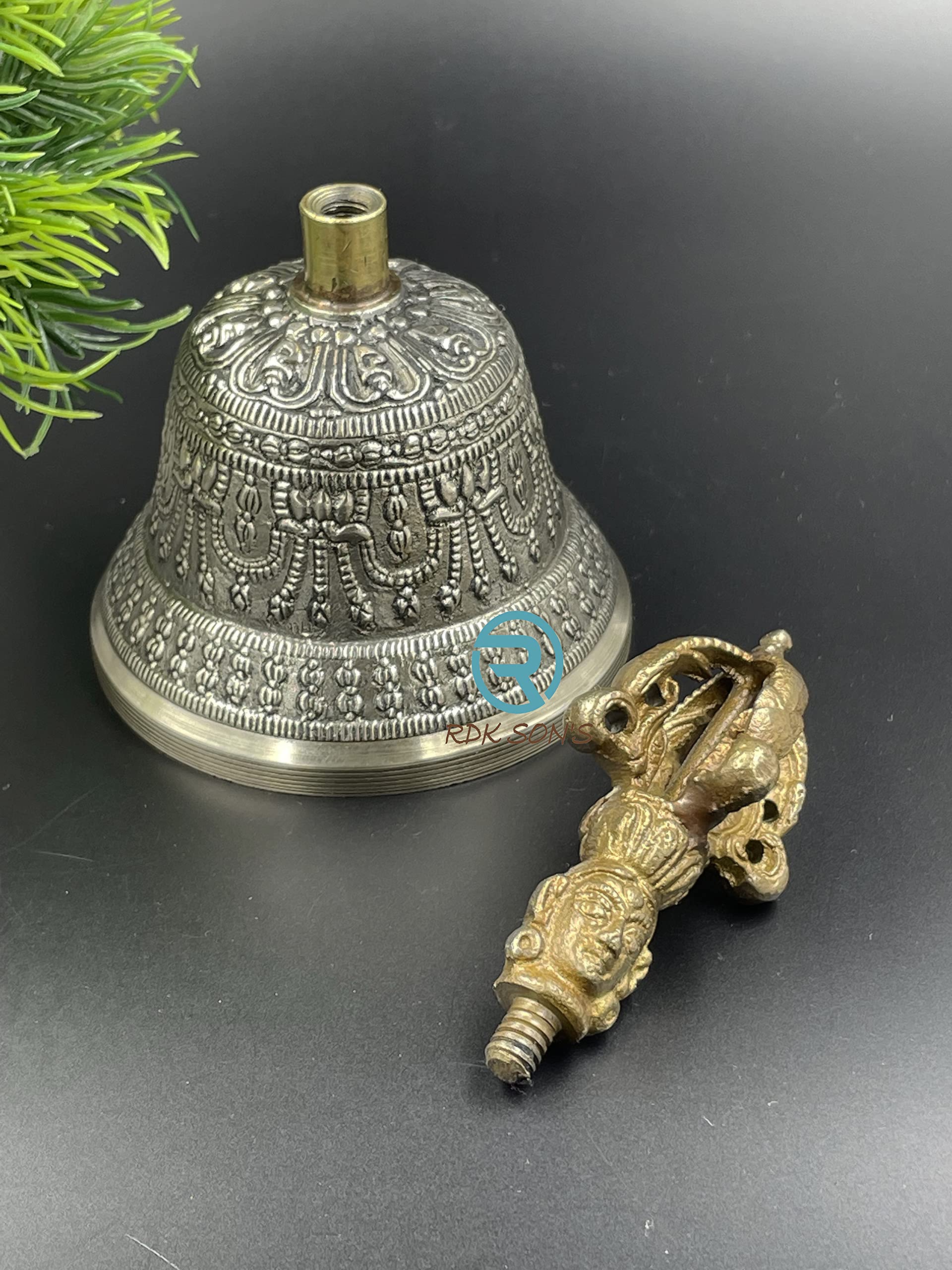 RDK SON'S Tibetan Buddhist Prayer Bell β Antique Brass Ghanta for Pooja, Meditation, Mindfulness, Yoga, Spiritual Healing, and Temple Worship | 5-Inch Ritual Bell for Home Altar Use 3