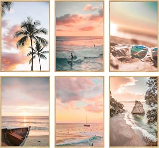 6Pcs Surf Wall Art Beach Summer Posters Tropical Ocean Coastal Canvas Wall Decor Palm Tree Surfboard Ship Sunglasses Island Seascape Sunset Painting Prints Pictures Pink Trendy Preppy Dorm Unframed