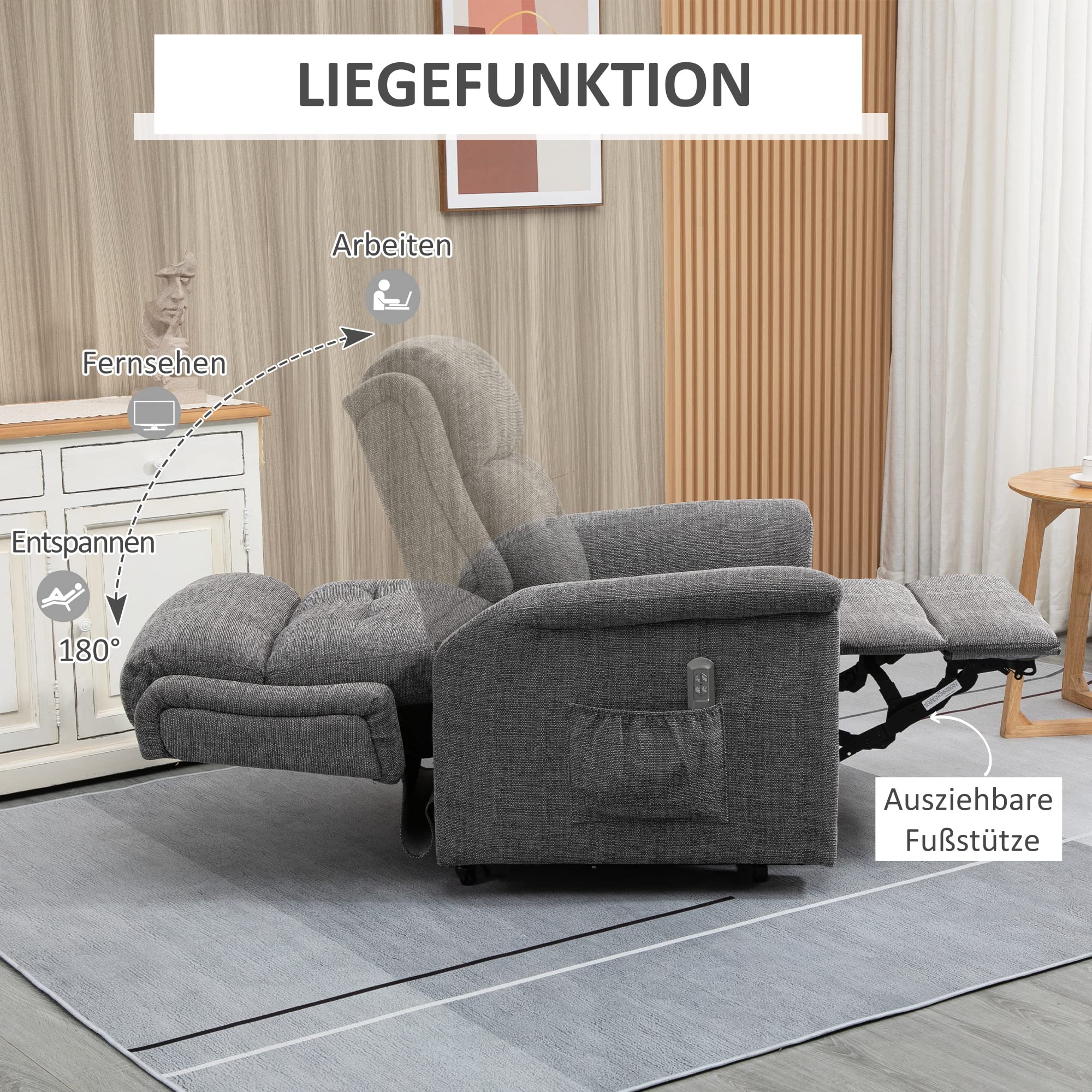 HOMCOM Fernsehsessel mit Aufstehhilfe Elektrisch Relaxsessel mit Liegefunktion, Fernbedienung 2 Motoren, TV-Sessel mit Seitentasche Leinen-Optik Seniorensessel Grau