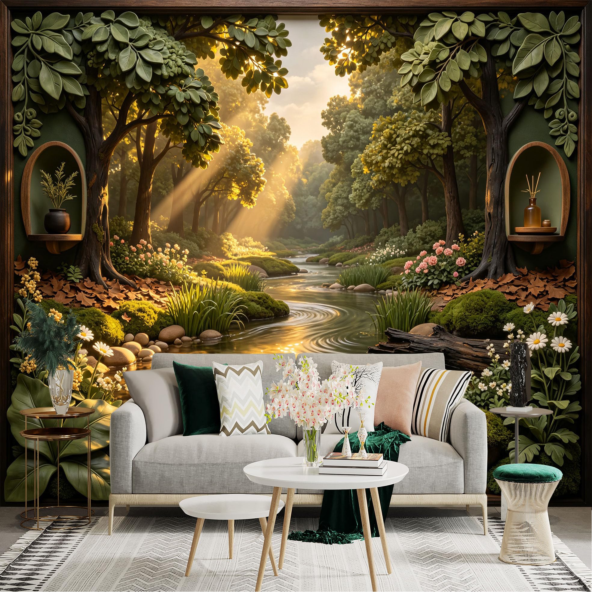 Lnzczhyre Bh260719149 Custom Size Wall Sticker Mural， Enchanted Forest Stream With Sunbeams， Lush Green Trees， Serene River Scenery， For Wall Decoration， Peelandstick Wall Decals.