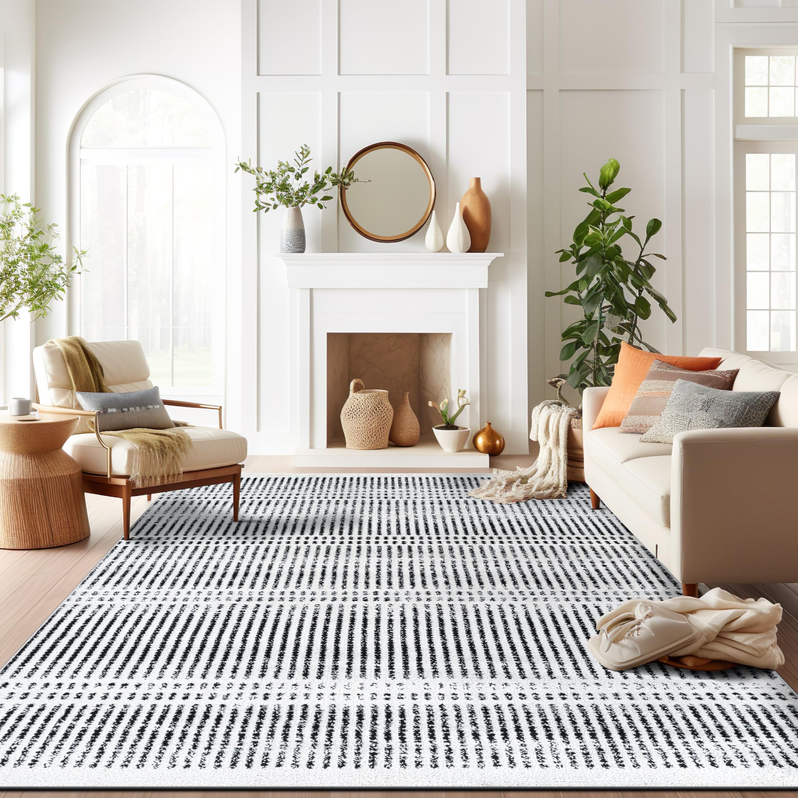 Rugshop Contemporary Stripe Lines High Traffic Living Room,Bedroom,Kitchen, Home Office Area Rug 7'10" x 10' Cream