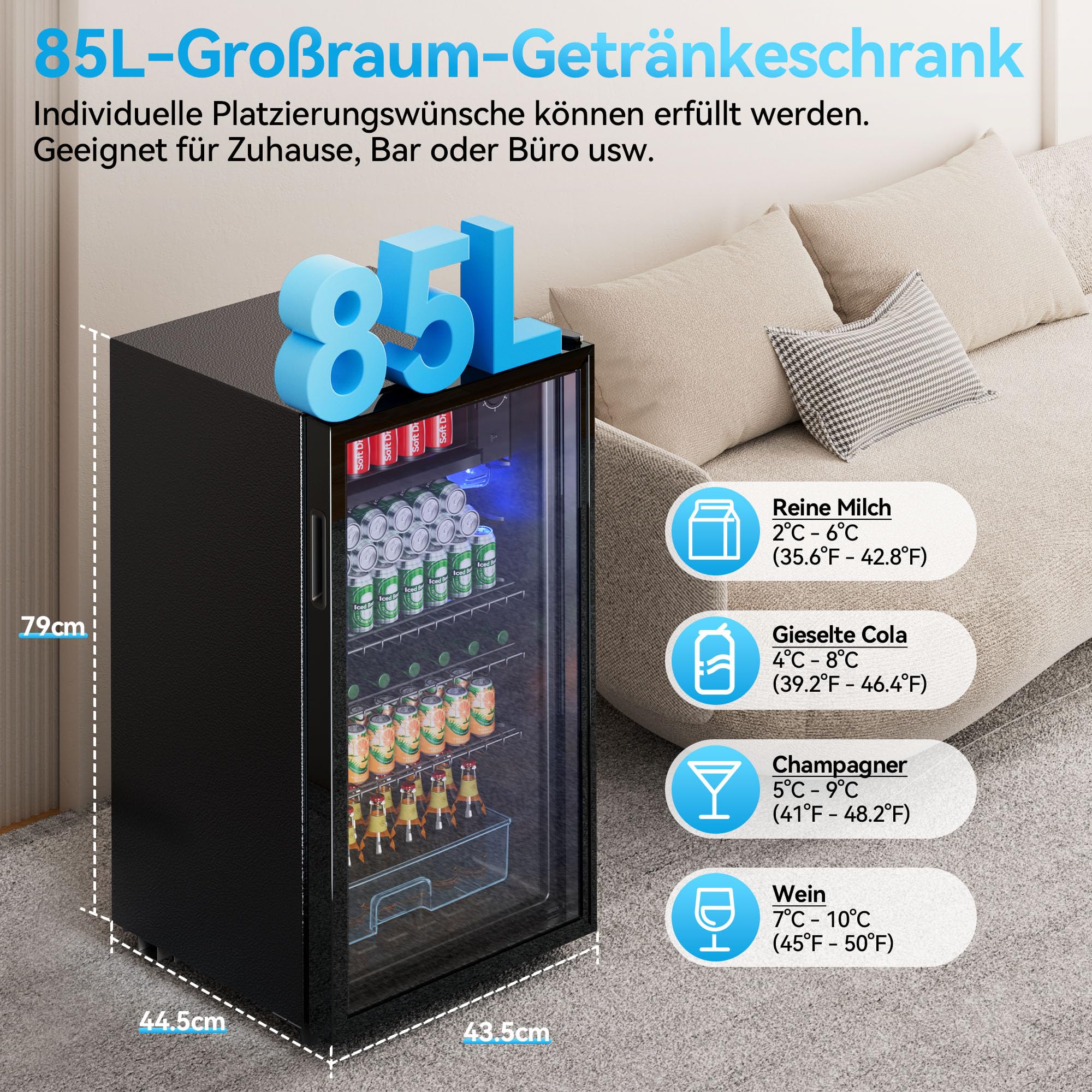 TRIUMPHKEY Nevera para Bebidas, Nevera Compacta de 85 Litros con Luces LED Azules, Nevera para Cerveza, Diseño de Puerta Completa de Cristal con 4 Estantes y Botelleros para Refrescos, Cerveza y Vino.