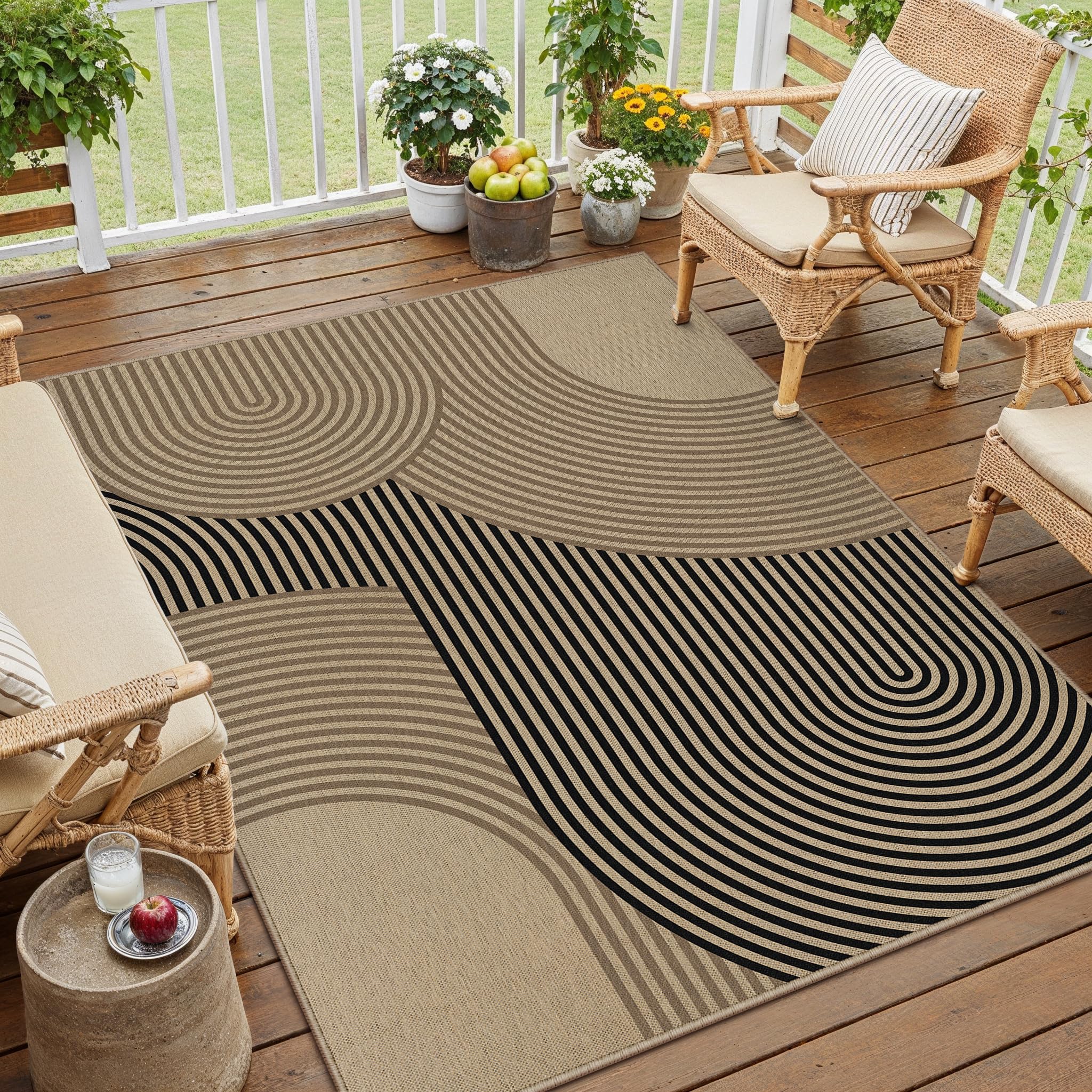 PureCozy Outdoor Teppich Wohnzimmer 120x170cm Outdoorteppich Wetterfest Balkon Braun Schwarz Teppiche Jute Optik Waschbarer rutschfest Groß Carpet Terrassen Garten Esszimmer BüRo Indoor Rug